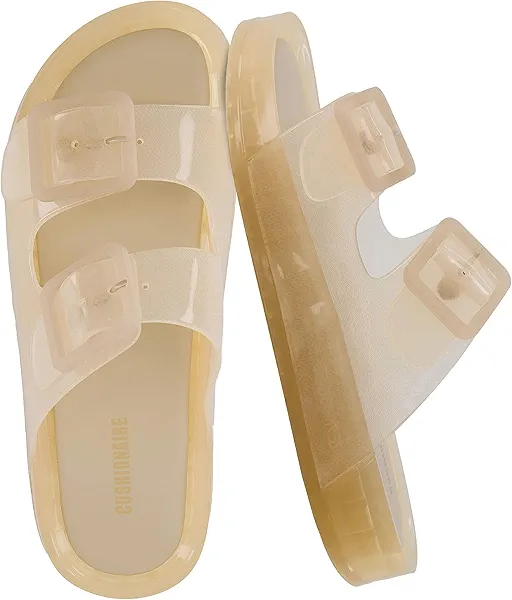 CUSHIONAIRE Pool Slides For Women Waterproof Double Buckle Adjustable Slip-On Womens Sandals For Beach Shower Casual Wear, CHAMPAGNE 6