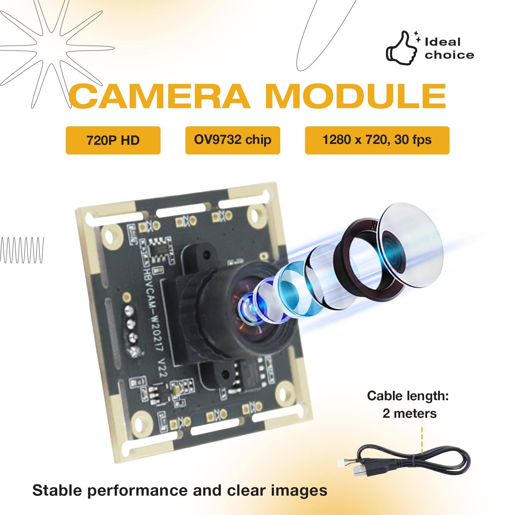 Modulo fotocamera 3 pezzi 100 gradi OV9732, 2 m, 1280 x 720, 30 Fps, per fai da te Autodarts.Io, unità USB gratuita