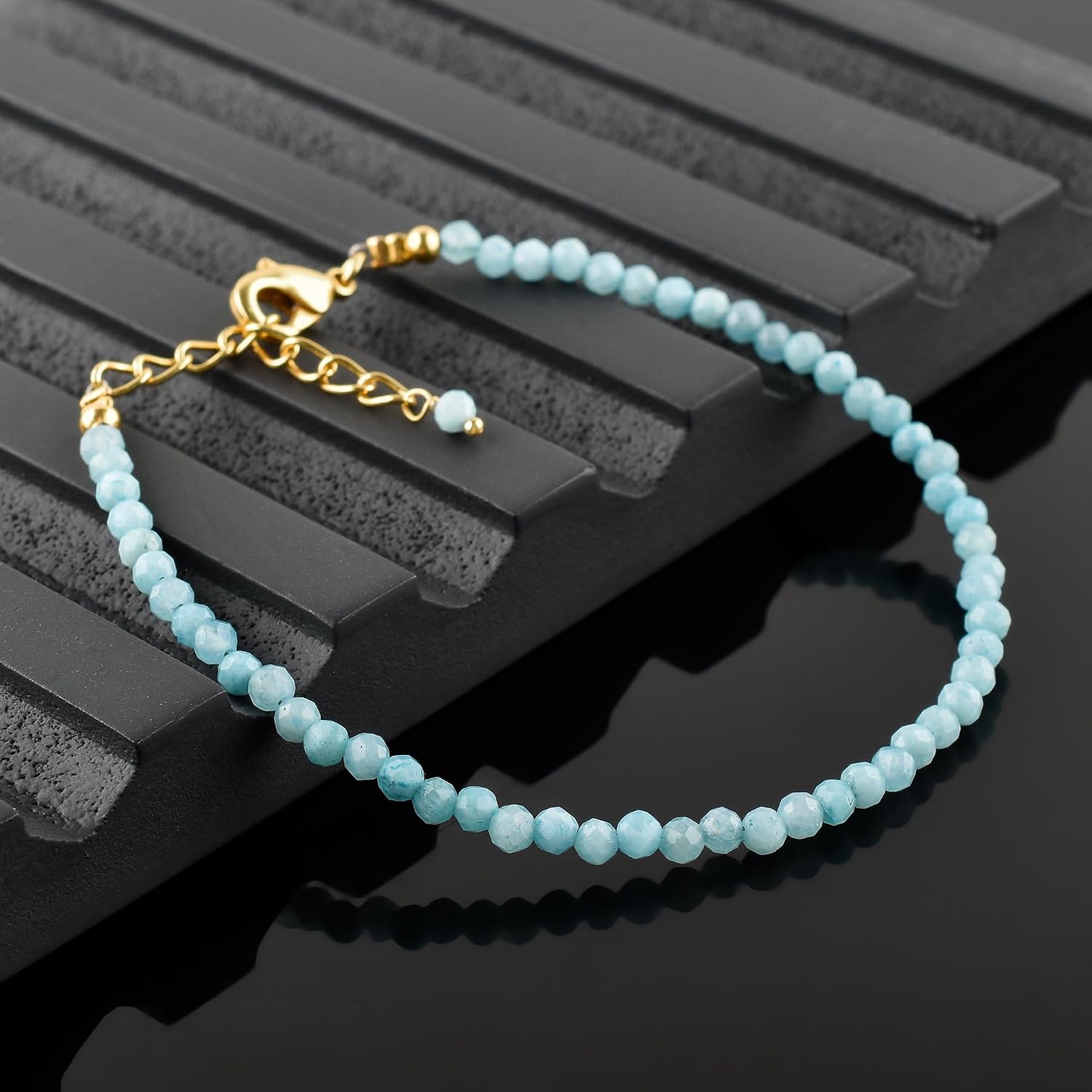 Natural Gemstone Micro Beads Dainty Bracelet Jewelry for Women, Birthstone, Chakra Energy Crystals, 14k Gold Plated Chain 8 inch Adjustable