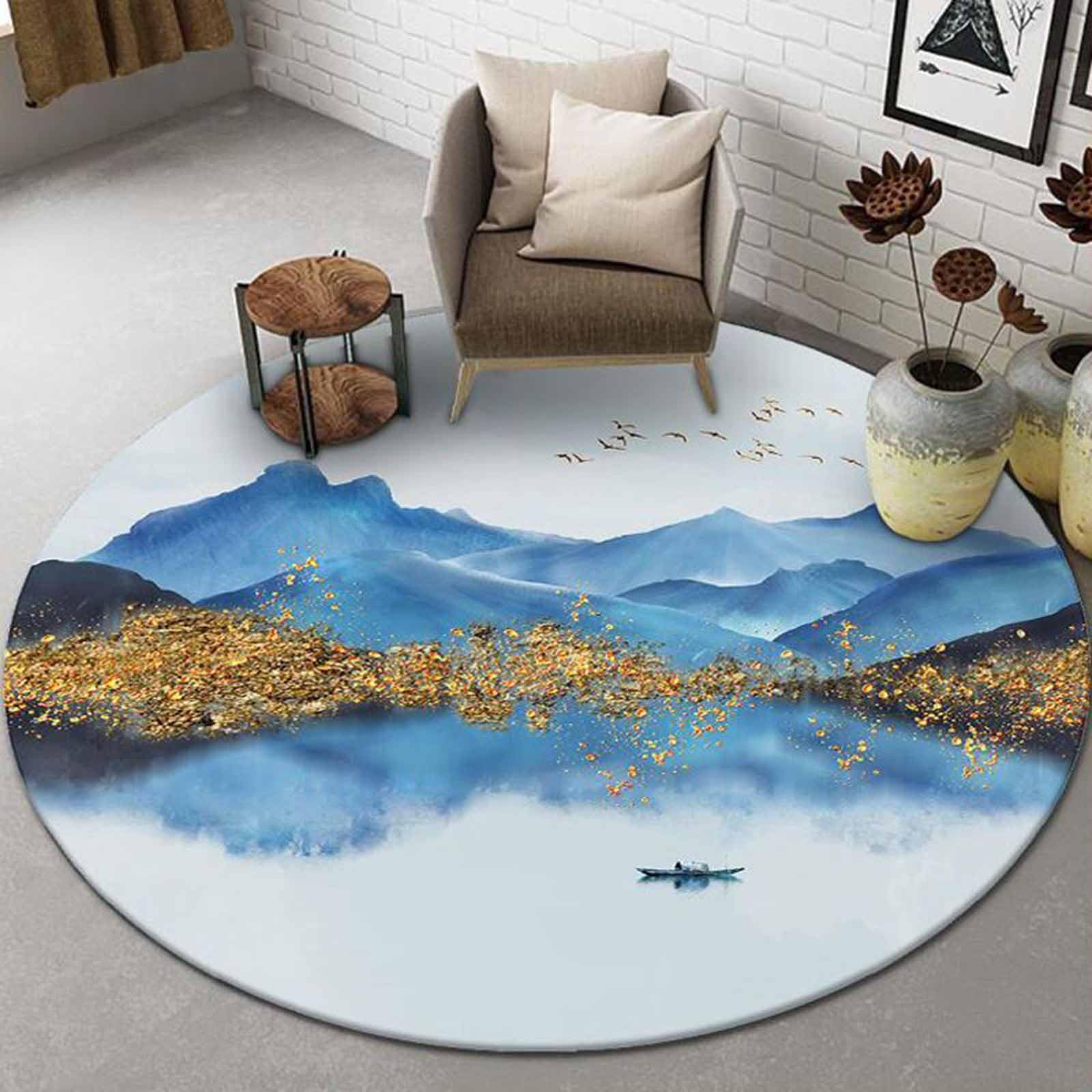 Tapis de Chambre Contemporains Or Bleu Gris 60cm 80cm 100cm 120cm 140cm 160cm 180cm 200cm Tapis Moelleux pour Salon Salle à Manger