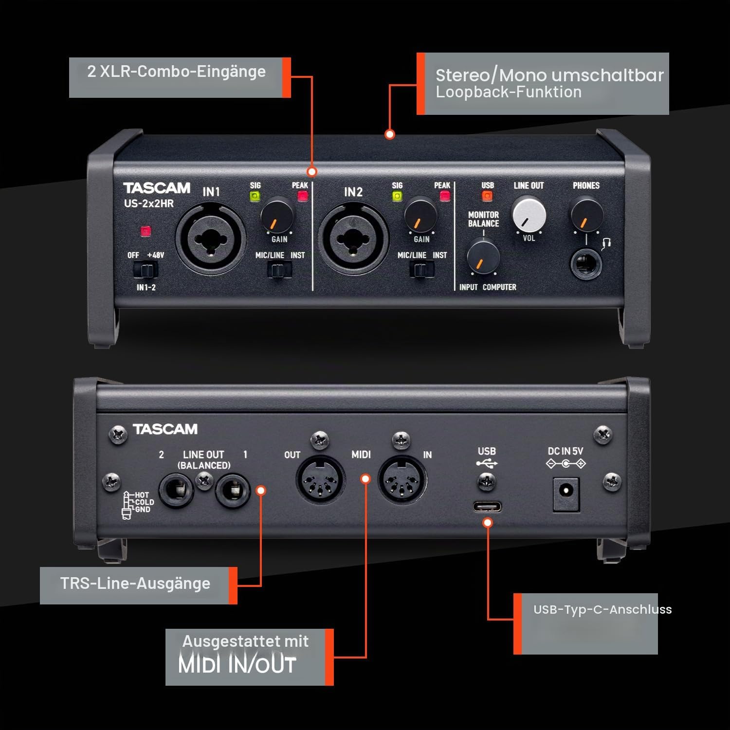 Tascam US-2X2HR USB-Audio-/MIDI-Interface (2 Eingänge, 2 Ausgänge)