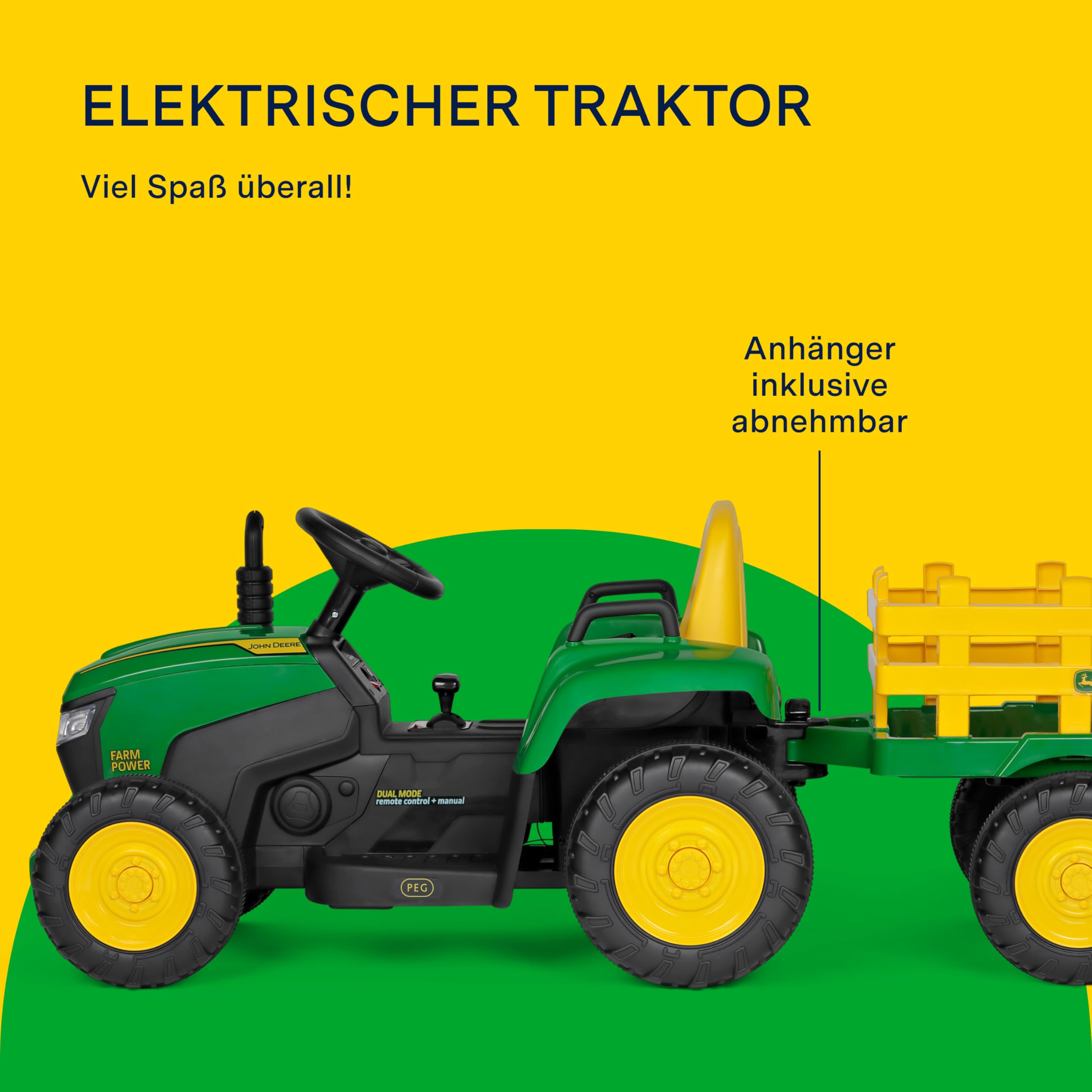 PEG John Deere Farm Power. Der Elektrotraktor mit Funksteuerung und Anhänger. Ab 18 Monaten. Lithium-Akku für Lange Spielzeit.