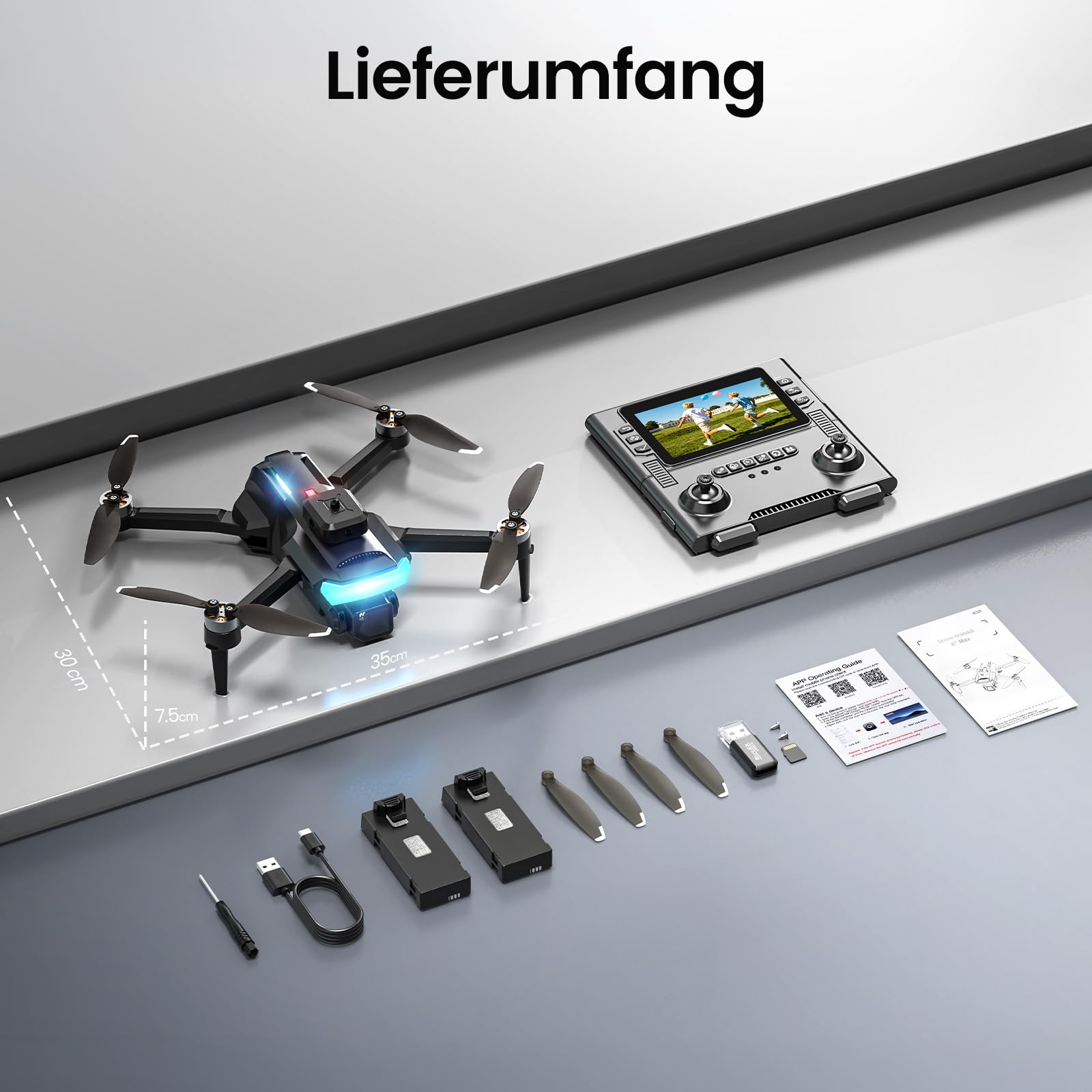 DEERC Drohne mit Kamera 1080P, faltbarer Quadrocopter für Jugendliche und Anfänger, 4,3-Zoll-HD-Bildschirm-Fernsteuerung, bürstenloser Motor, Hindernisvermeidung, 2 Akkus, Tragetasche inklusive