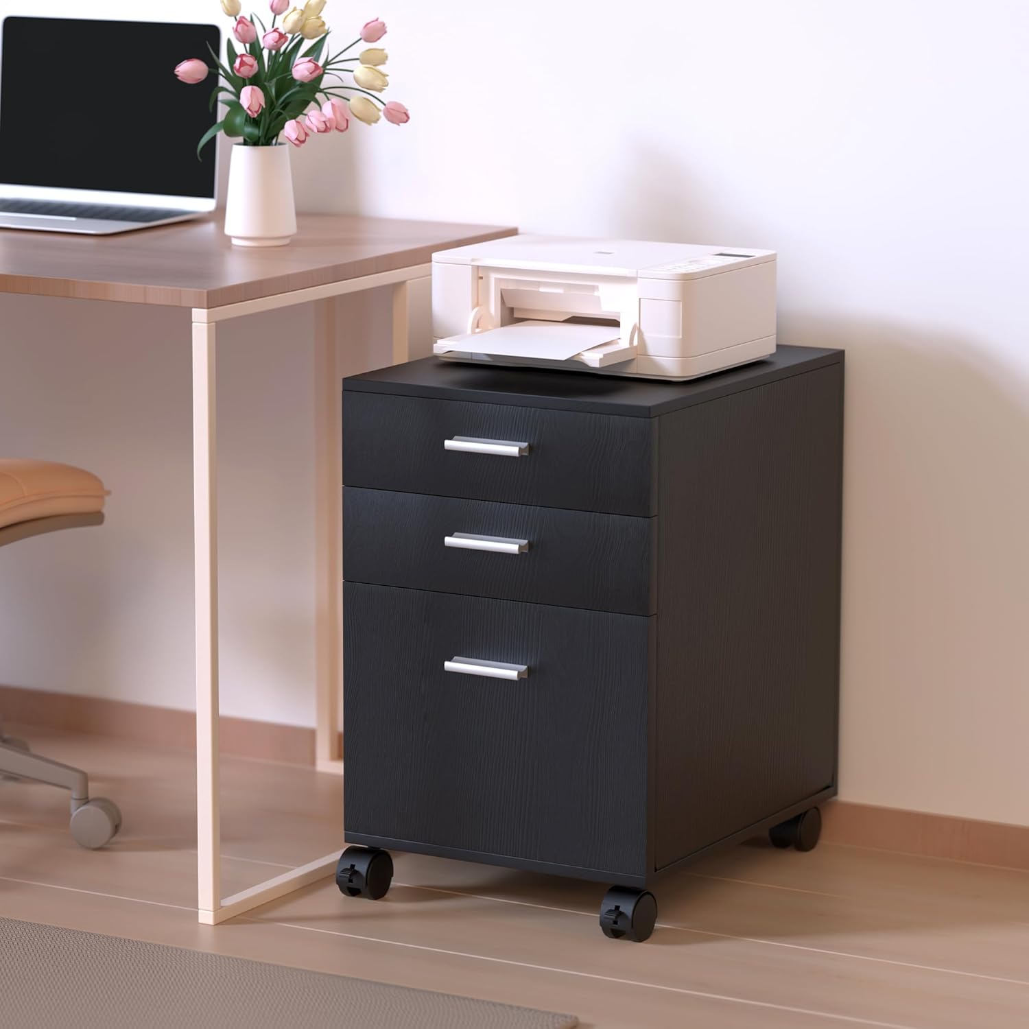 3 Drawer File Cabinet,Mobile on Wheels,Pre-Assembled Black Wooden Storage Organizer for A4/Letter Files,Under Desk Printer Stand,19" L x 16" W x 22" H​