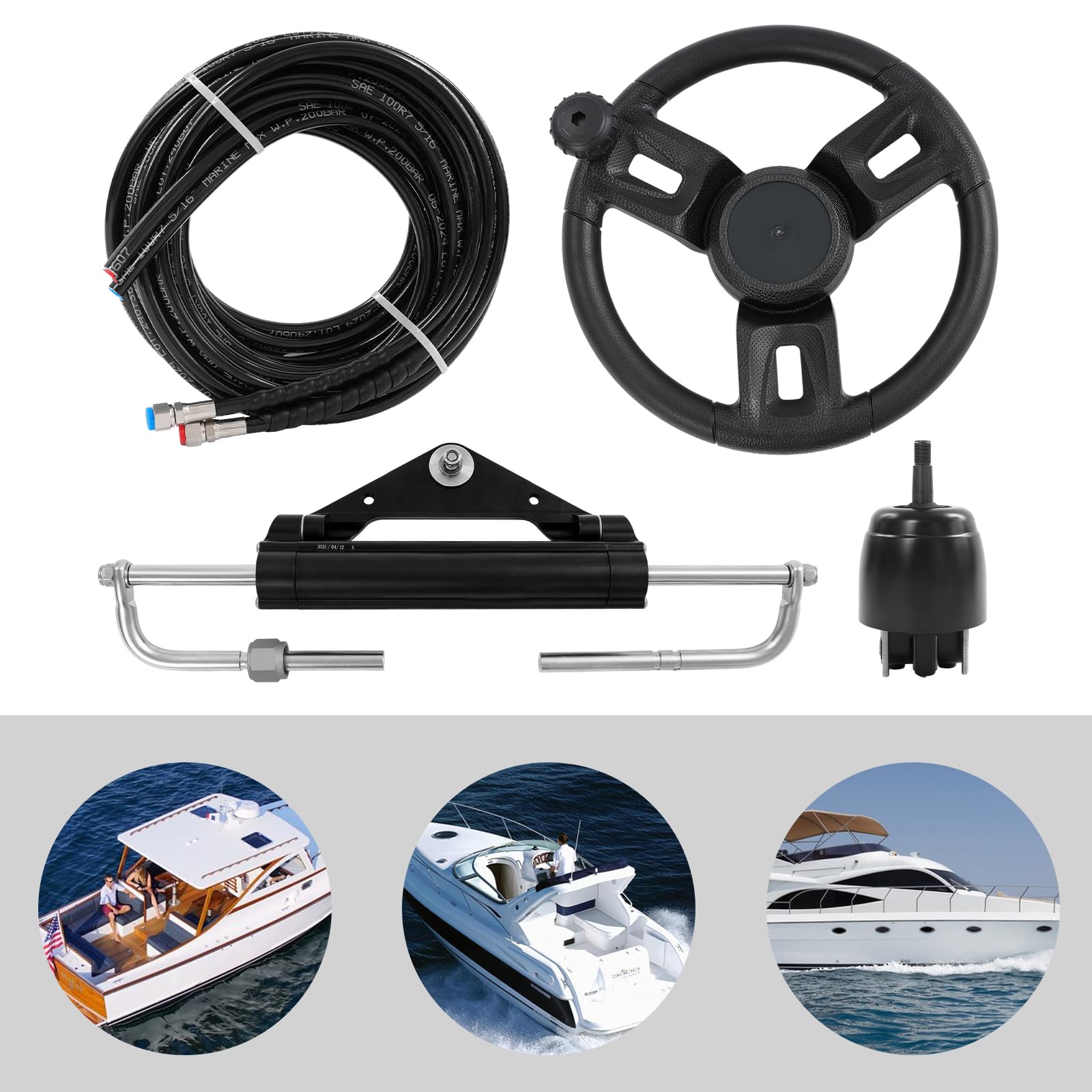 Kit de dirección hidráulica para fuerabordas hasta 150 CV, sistema de dirección de barco de 200 mm de carrera con bomba hidráulica, cilindro y mangueras. Sistemas de dirección marina para botes