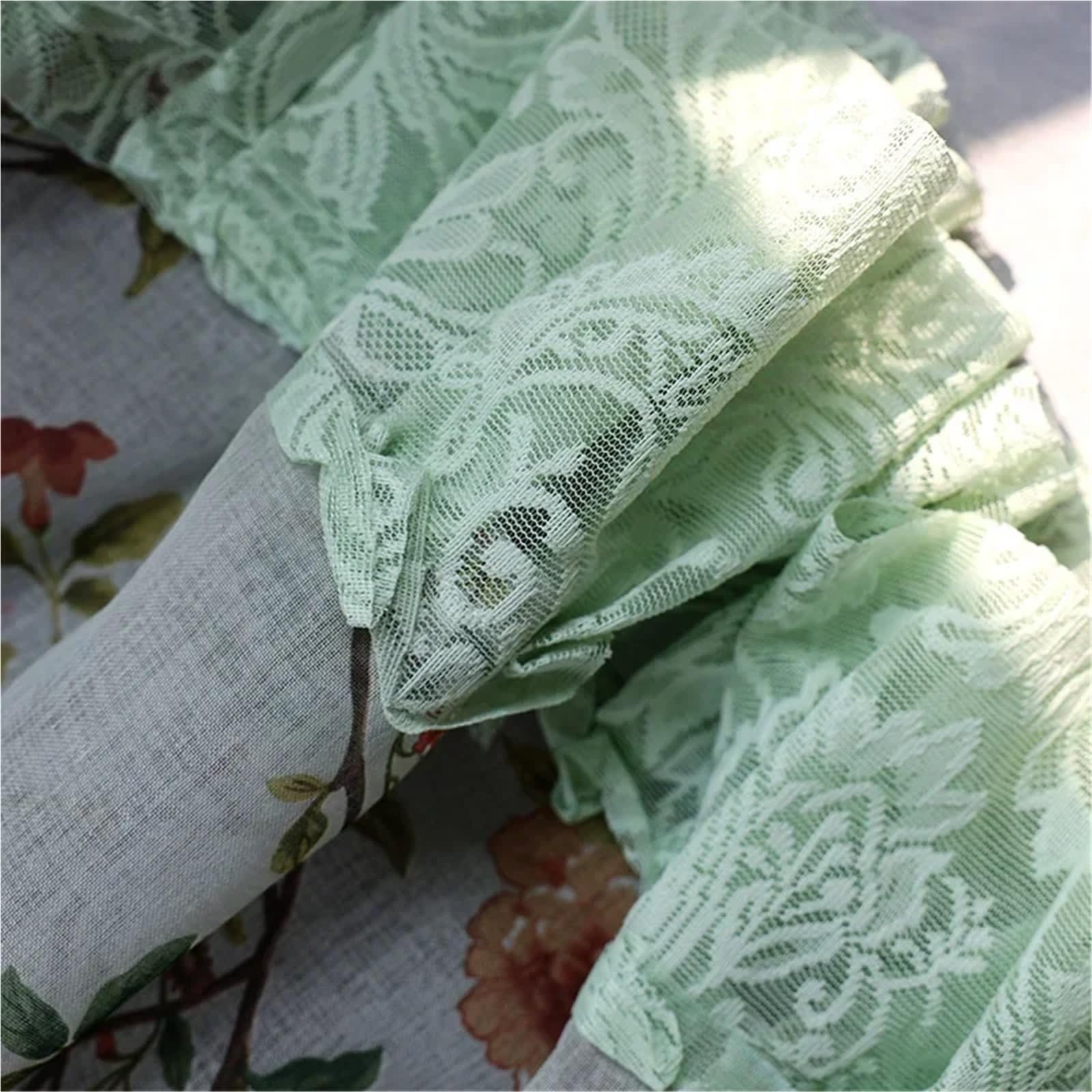 Ländliche Tüll-Halbgardinen mit Blumenmuster for die Küche, Vintage, hellgrüne Blumen, Spitze, kurz für Kleine Fenster(1PC W150XH40CM)