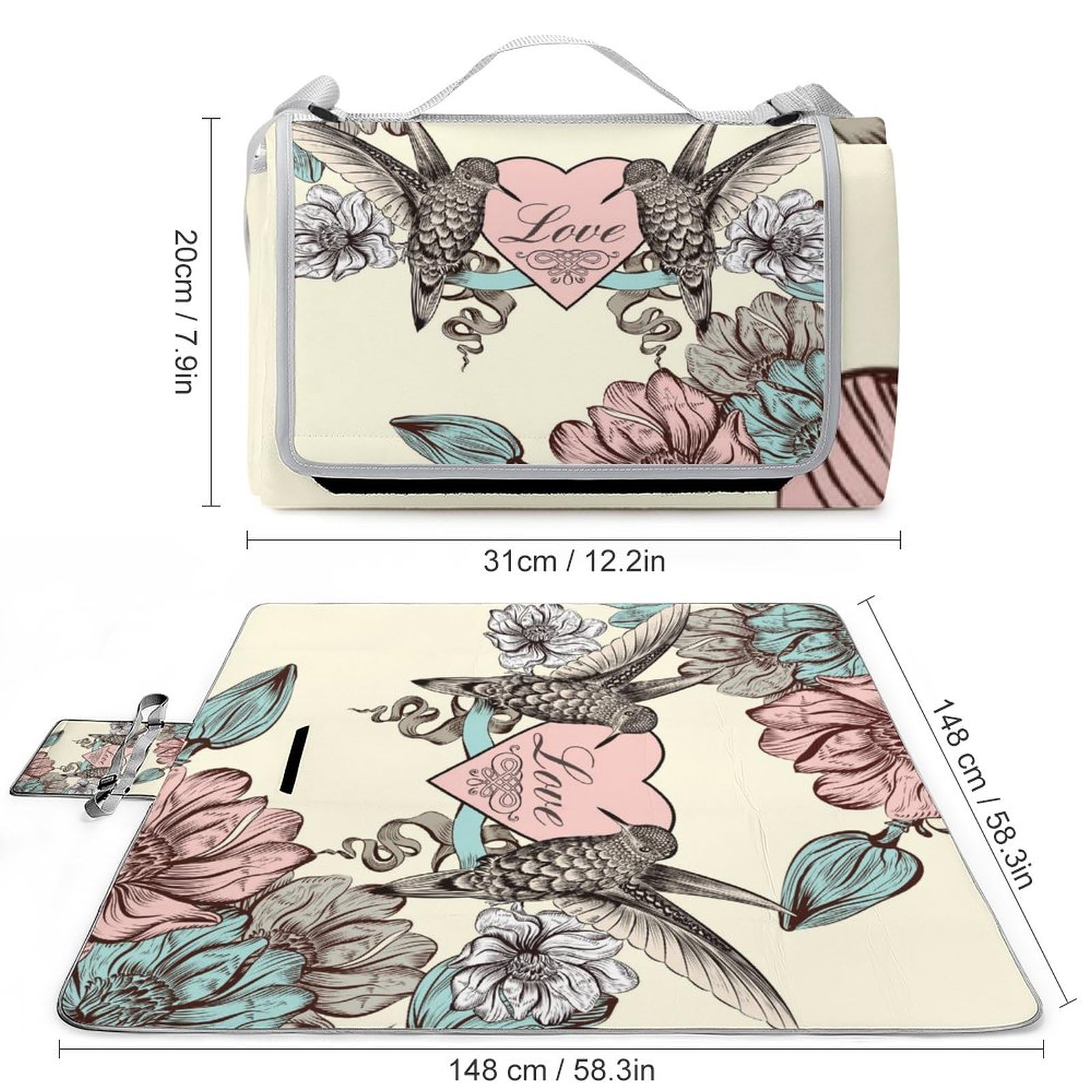 Love-Background Picnic Blanket Waterproof Foldable, Large Outdoor Picnic Blanket Beach Blankets Camping Blanket Travel Mat, Shoulder Strap Tote, Rectangle 58x58in