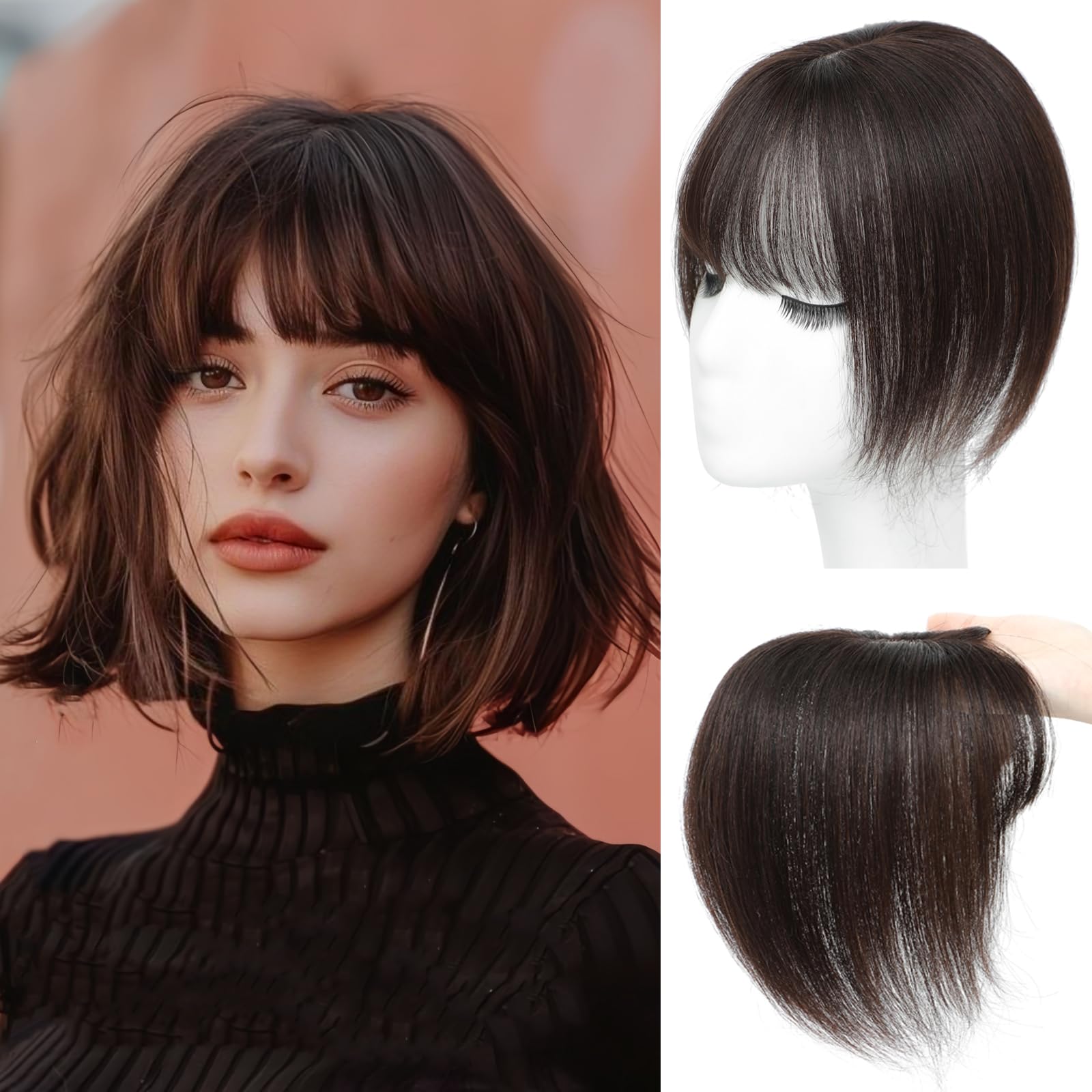 Hair Toppers for Women Real Human Hair， 360°3D Cover Toppers Hairpieces for Women with Thinning Crown Wispy Clip in Bangs Realistic Scalp Hairline (Dark Brown, Wispy Bangs)
