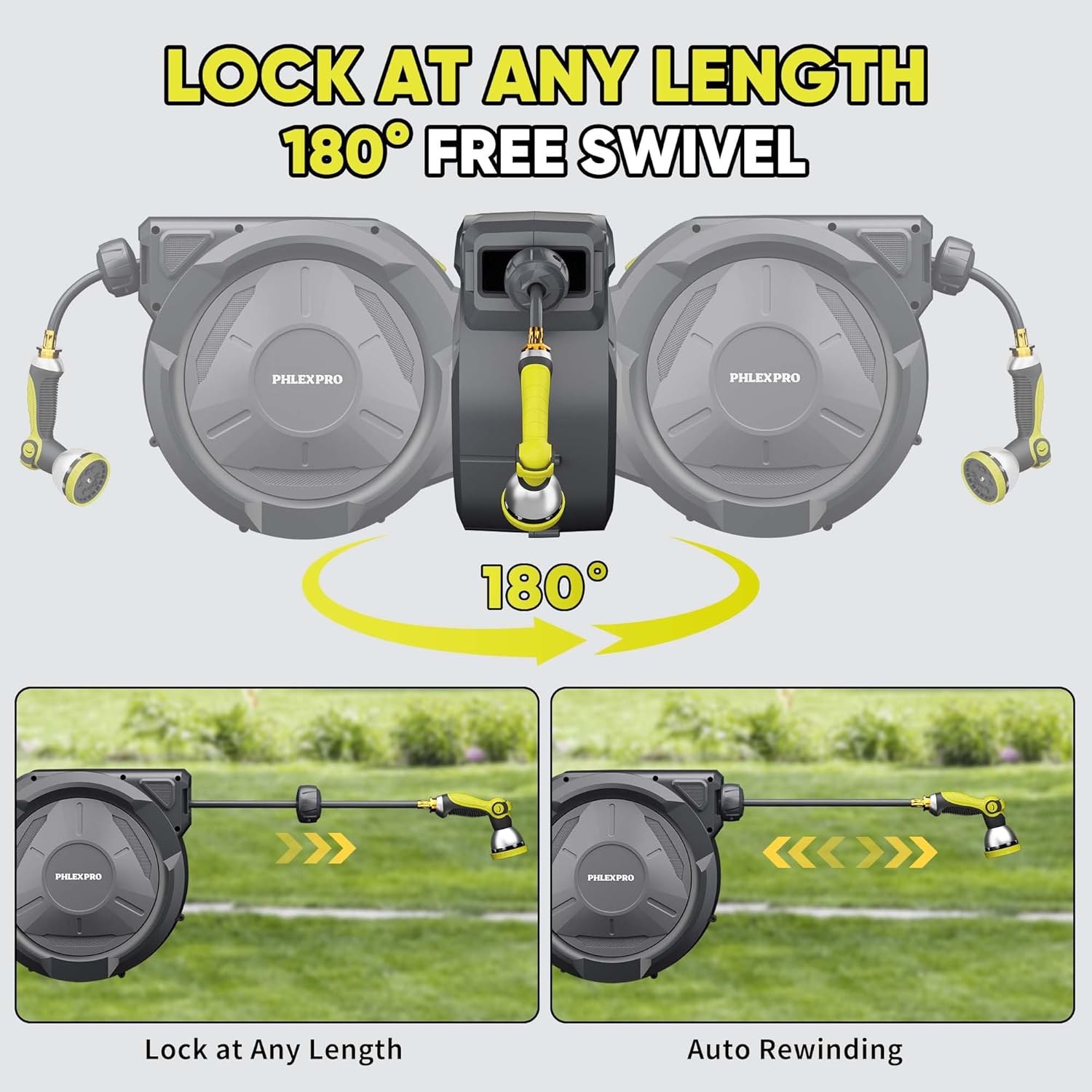 Retractable Garden Hose Reel 5/8 in x 115 ft Heavy Duty Automatic Water Hose Reel Wall Mounted with 10 Pattern Nozzle,Any Length Lock, Slow Return System, 180°Swivel Bracket