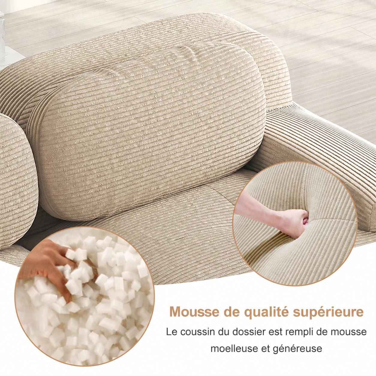 Divano a 3 posti in velluto a coste beige 298x103x70 cm, senza