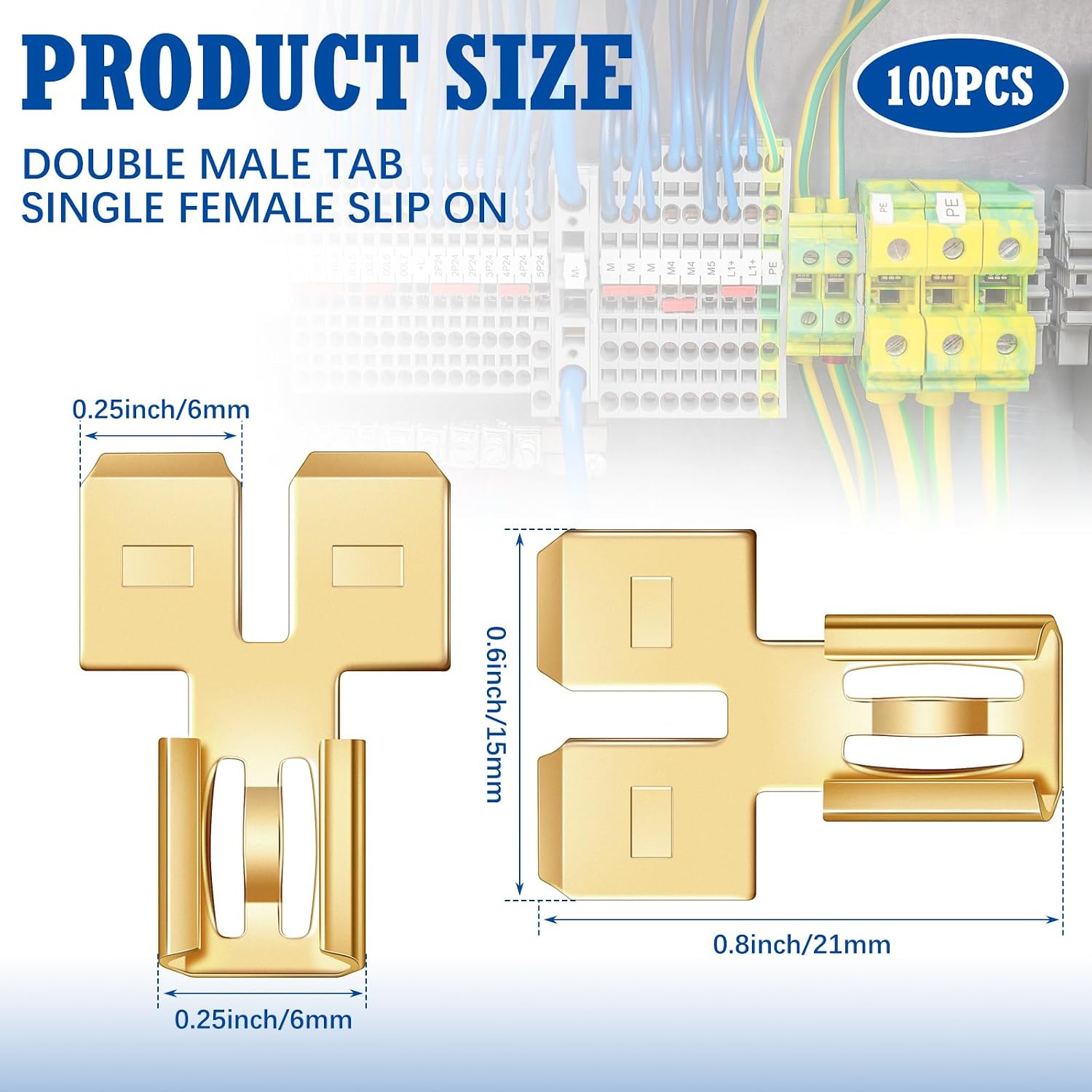 Tandefio 100 Pcs Double Piggyback Spade Connector Quick Disconnect Electrical 2 Way Wire Terminals Adapter Non Insulated Male Single Female Tab Slip Brass Automotive Double Spade Connector 1/4" Tab