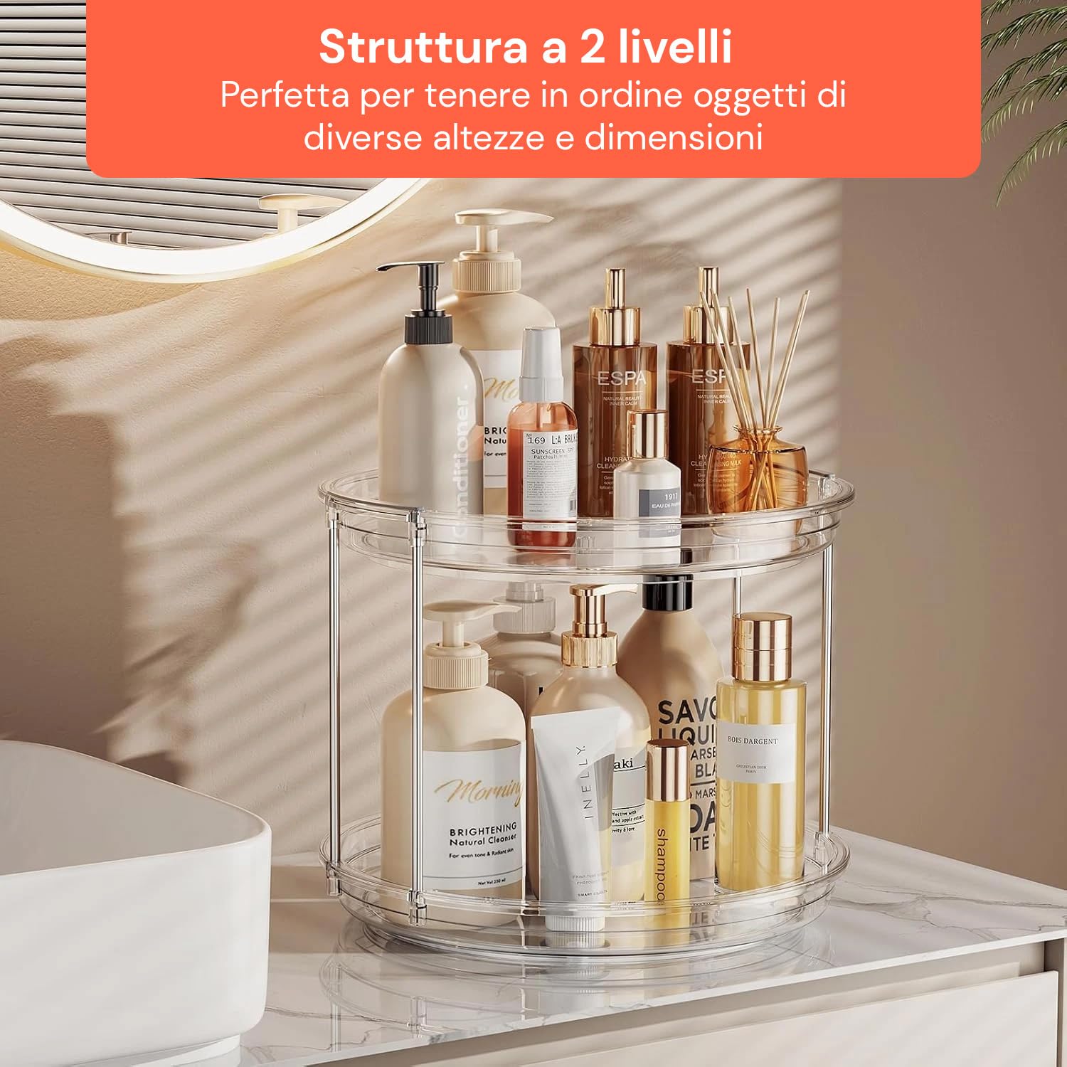 Avilia Set 2 Organizer Rotanti a 2 Livelli - Lazy Susan Salvaspazio per Cucina, Dispensa e Bagno - Porta Spezie e Porta Trucchi Girevole a 360° - Plastica Impermeabile Trasparente - Montaggio Rapido
