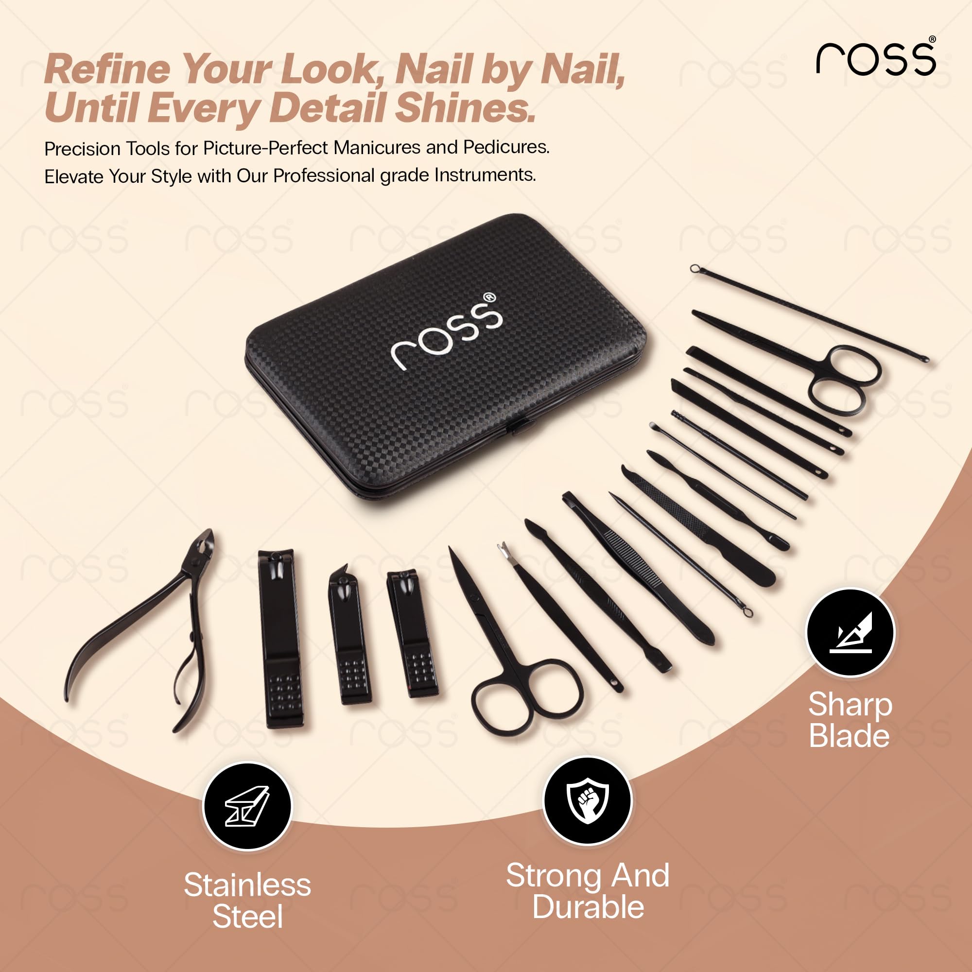 Ross Manicure & Pedicure Kit – Professional Stainless Steel Grooming Set with Nail Clippers, Cuticle Trimmer, Scissors & Tweezers – Travel-Ready Care Kit for Men & Women (18-in-1 Black) 4