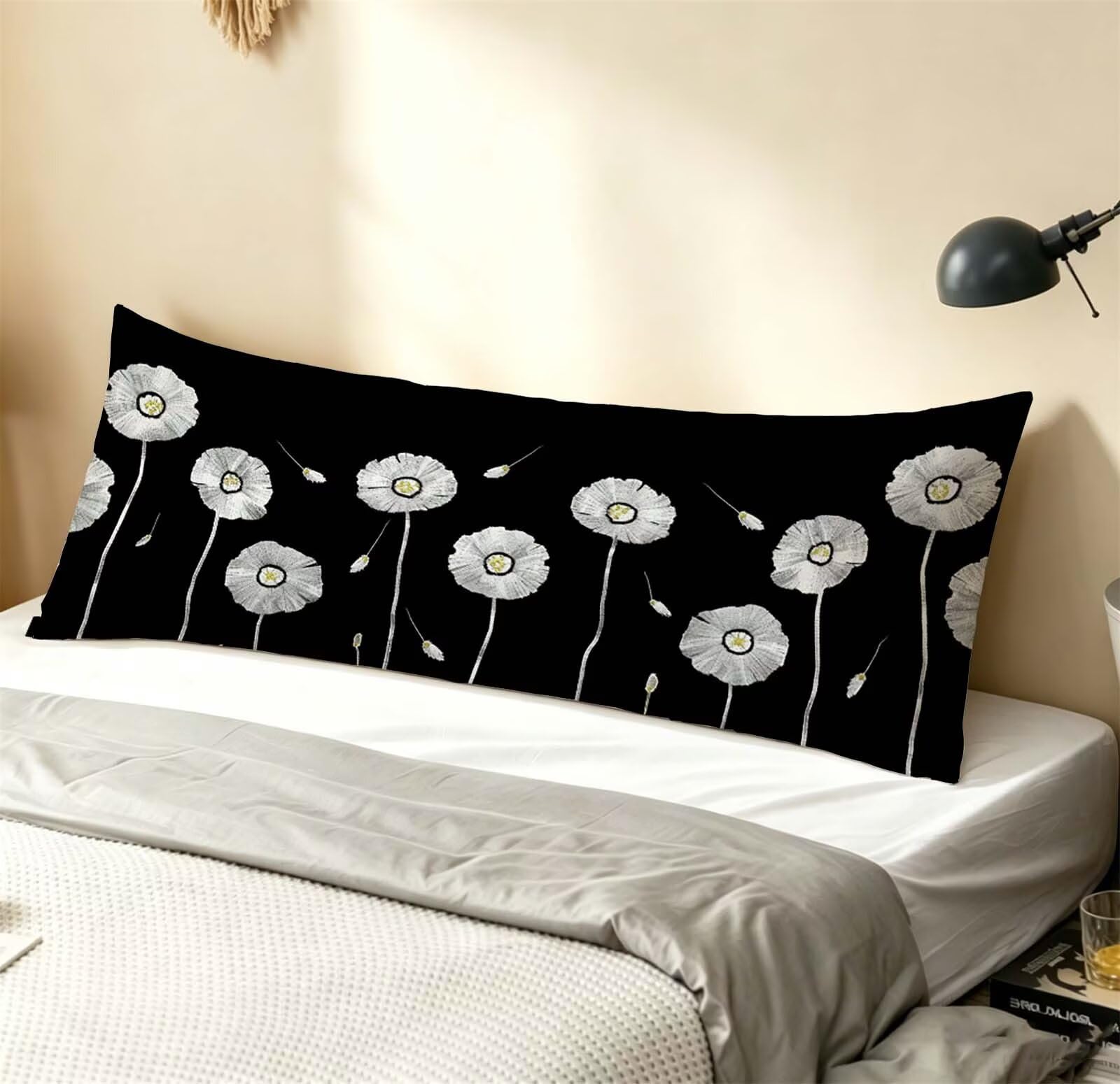 Nero-14 Federe Cuscino Letto 50 x 150 cm, Grande Cuscini per Divano Lino, | Doppia Faccia Stampa, Fiore-7 Fodera per Cuscino Decorativa, con Cerniera, Cuscino per Dormire Sul Fianco j-198