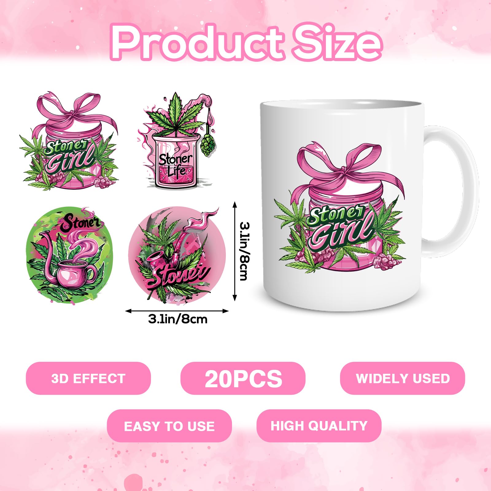 Shejdgart Weed UVDTF Cup Wraps - 20 Sheets 420 UV DTF Decals for 16 OZ Glass Cups, Lip Cupcake Pink Stickers, Waterproof Rub on Transfers for Water Bottle Mug, DIY Crafts