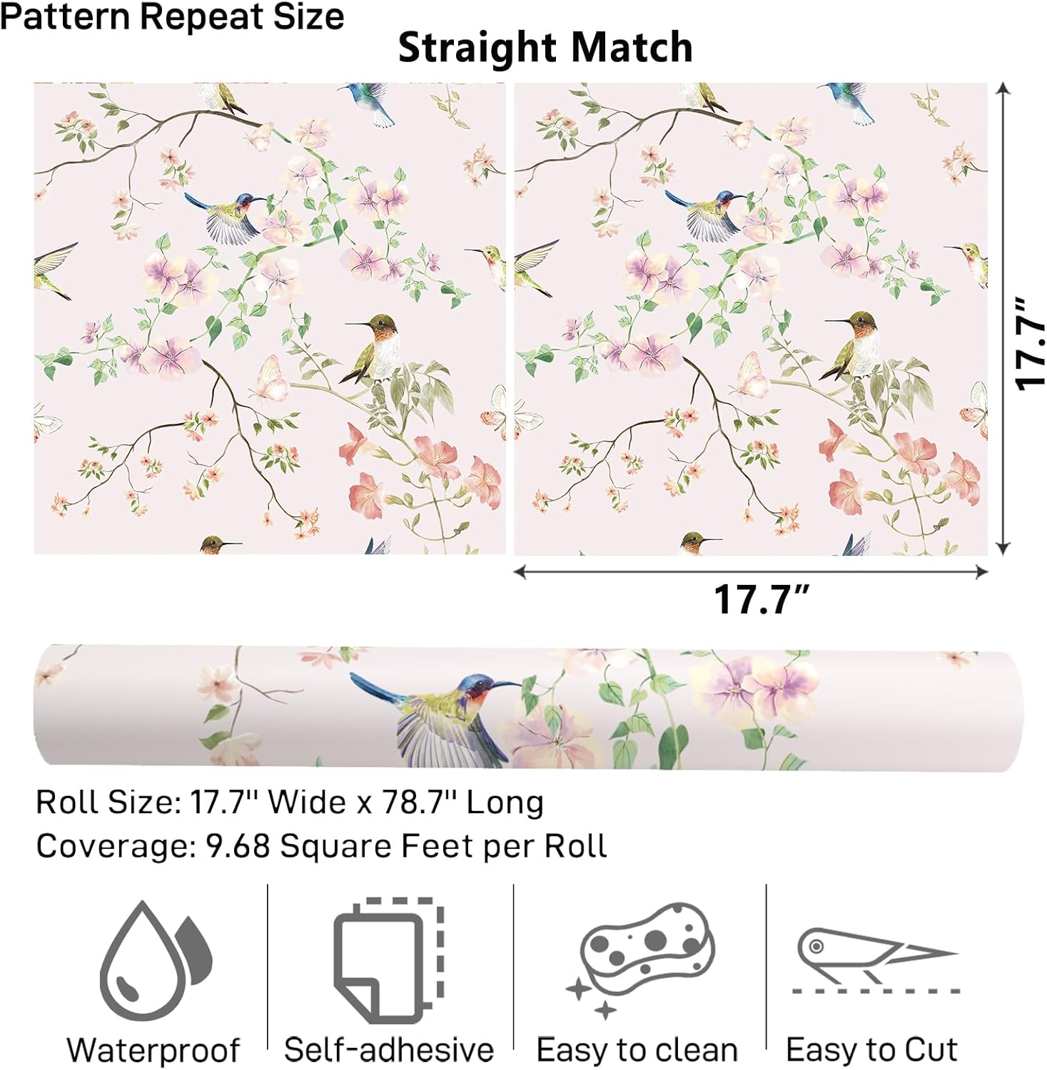 VaryPaper 17.7"x78.7" Rustic Hummingbird Floral Wallpaper Peel and Stick Decorative Purple/Pink Floral Contact Paper for Cabinets Drawers Removable Self Adhesive Mural Wallpaper for Bedroom Nursery