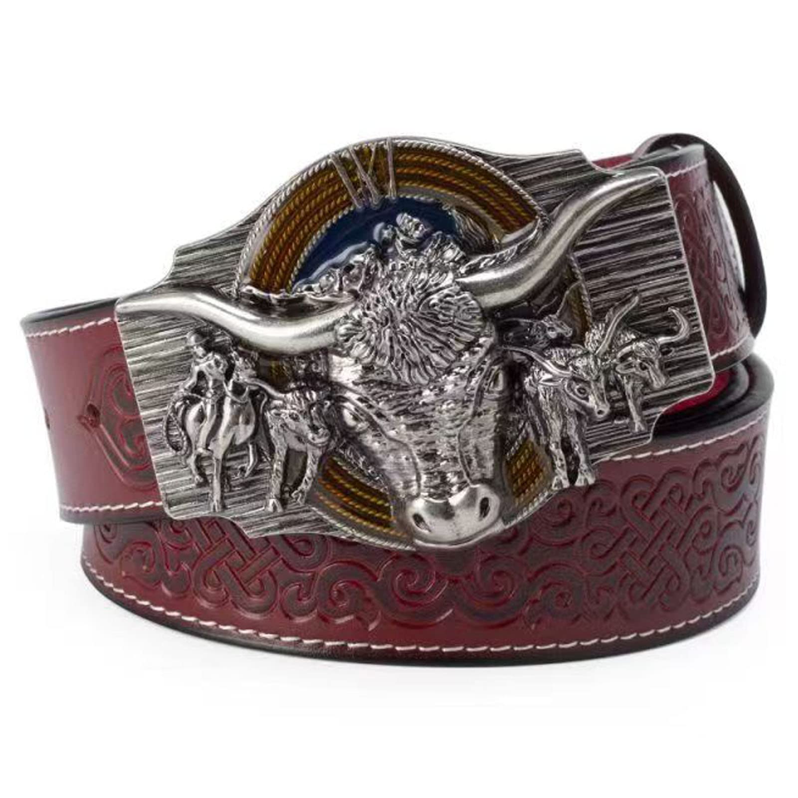 WRJAHCG Belt Western for Cowboy,Vintage Long Horn Bull Rodeo Western Cowboy Belt,Silver Red,110CM/43.3''
