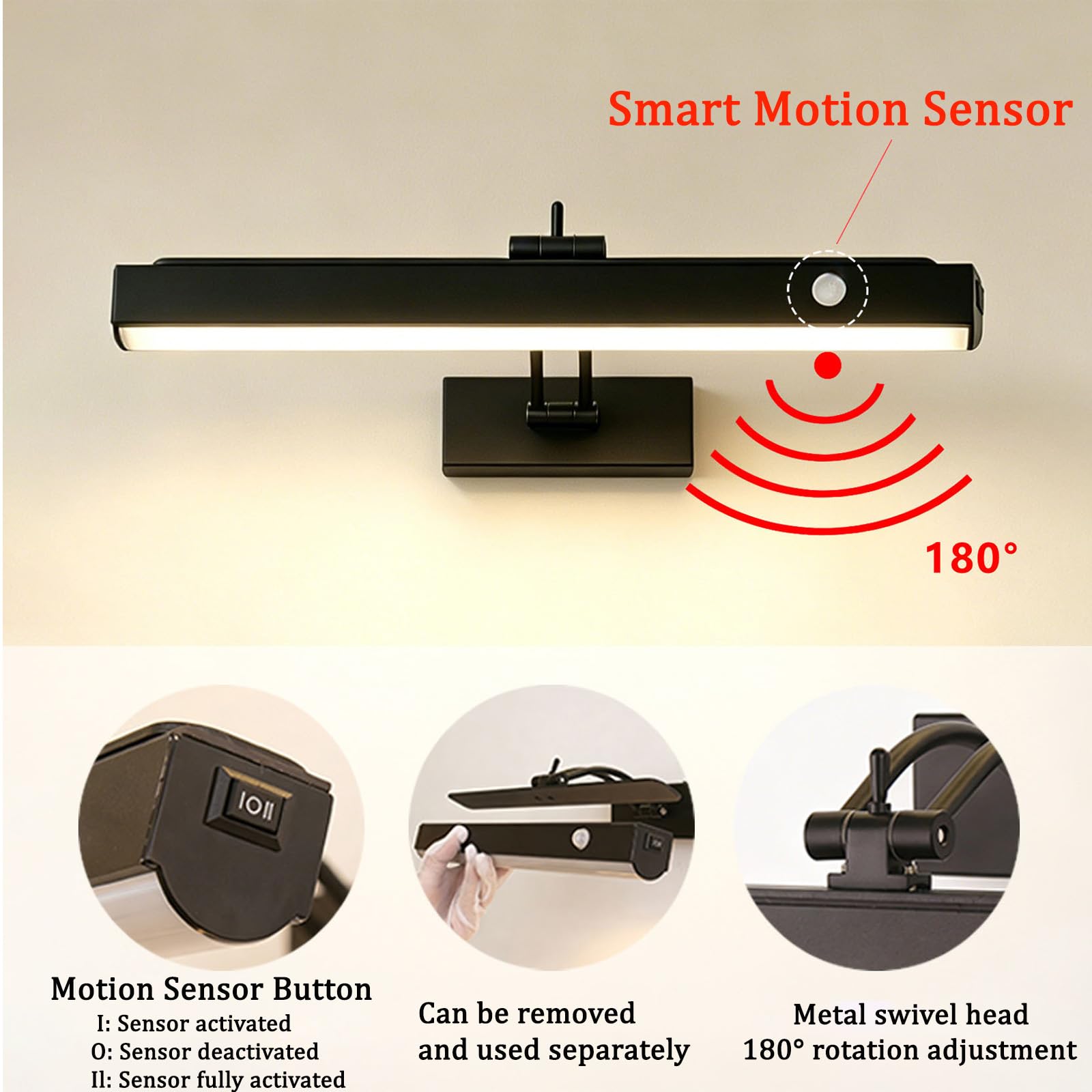 LED Lampada a Specchio Bagno Ricaricabile Applique da Parete con Sensore di Movimento 180° Girevole Iluminazioni per Pareti con Interruttore Soggiorno Camera da Letto (Nero Luce Bianca,30cm)