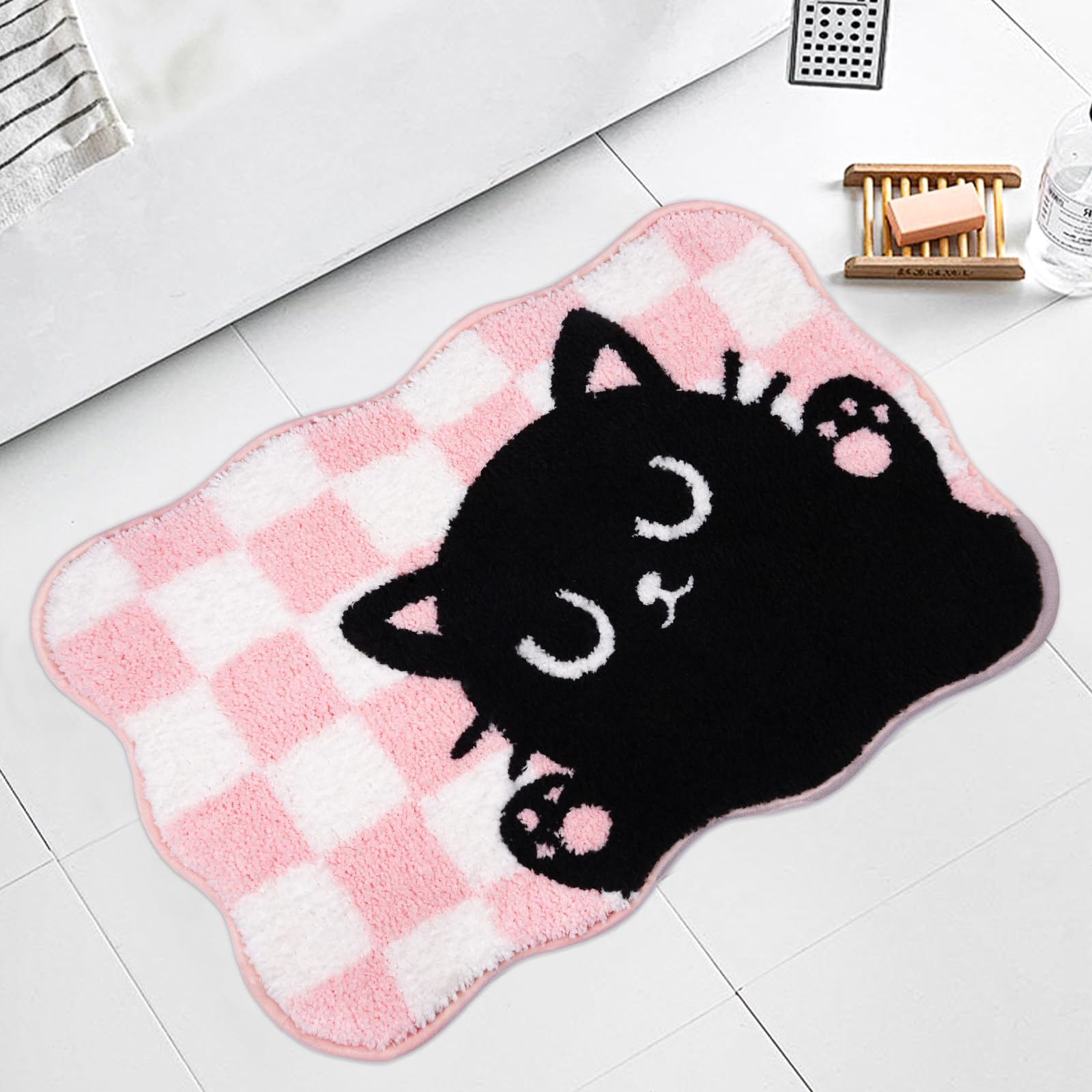 NIGOWAYS Pink Bathroom Rug - Cat Bath Rugs,Soft and Absorbent,Non Slip Cute Bath Mat for Shower Tub Bedroom,24" x 16"