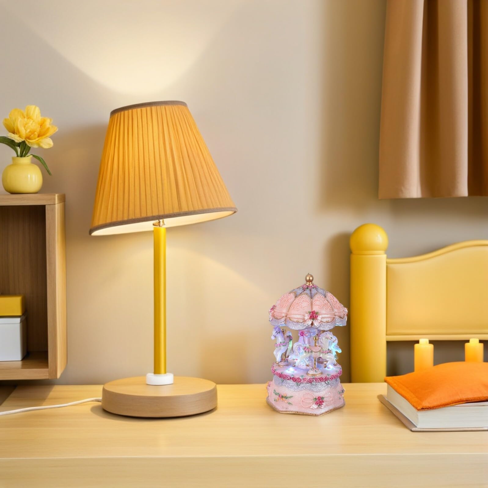 VANZACK Caja de Música Carrusel Tres Caballos Giratorios y Luz LED Ambiental, Decoración para Habitación Infantil San Valentín sin Pilas