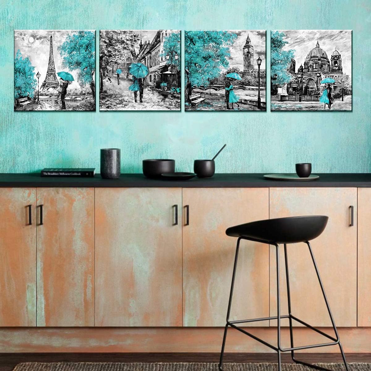 Teal Paris Wall Decor Bathroom Eiffel Tower Wall Art Black White Grey City Painting Abstract Street Landscape Posters Canvas Picture Modern Artwork for Living Room Bedroom Home Decoration 12x12" 4 Pcs