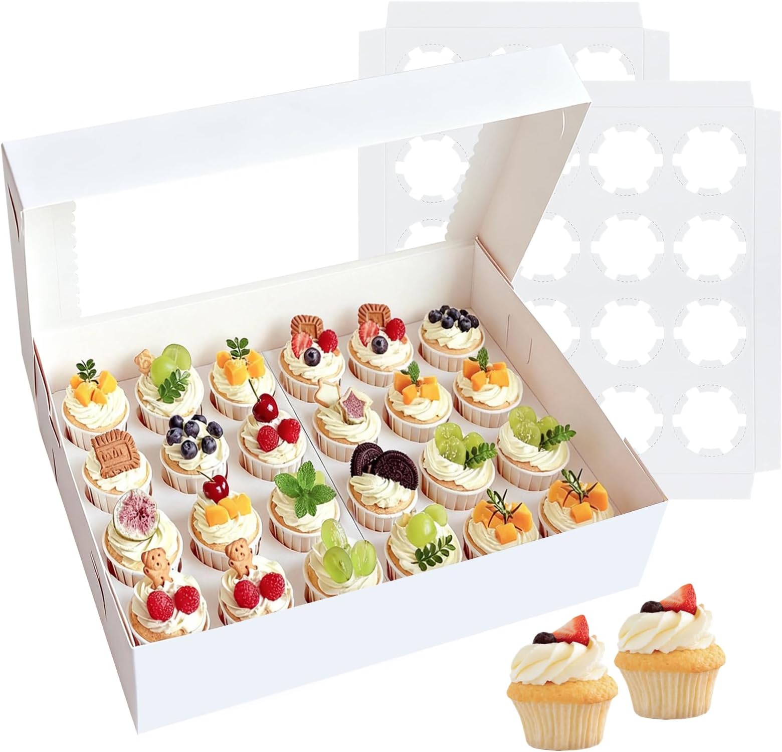 2 Pack White Cupcake Boxes Holder for 24 Standard or Mini Cupcakes, Food Grade Dessert Muffins Box Containers with Window and Inserts for Birthday Holiday Party Bakery Supplies