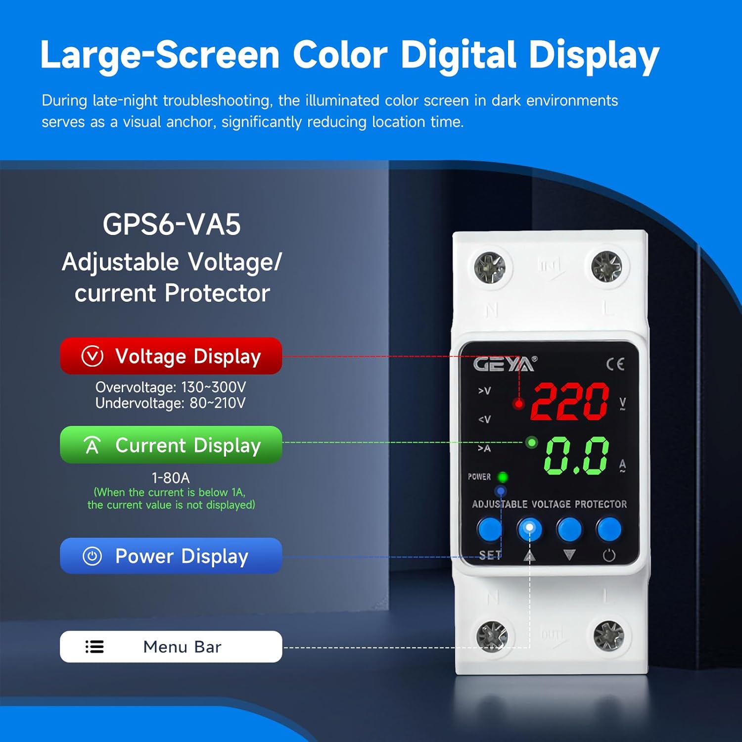 GEYA GPS6-VA5 digital display showing voltage, current, and power indicators
