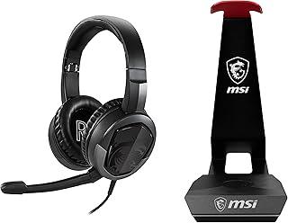 MSI IMMERSE GH30V2 Gaming Headset with MSI IMMERSE HS01 COMBO Gaming Headset Stand with Wireless Charger 'RGB, Black with Red, Qi Certified Wireless Charger, Solid Metal Design, Non Slip Base'