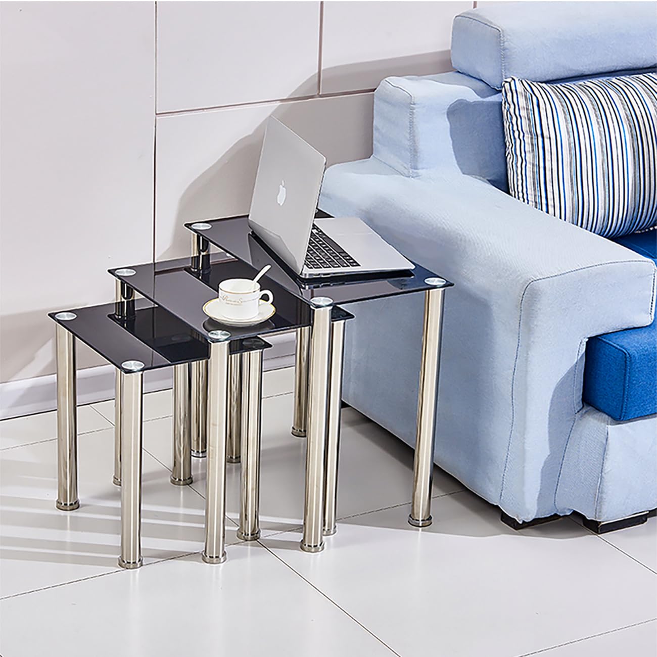 nozama Nest of Tables Living Room Set of 3,Nest of Tables,Glass Nest of Tables with Glass Top,Steel Legs for Sofa Side Tables Cube End Tables Living Room Furniture (black)