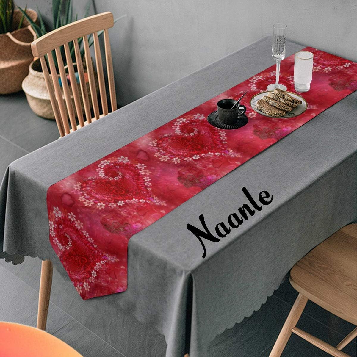 Naanle Double-Sided Happy Valentines Day Love Polyester Table Runner 13 x 90 Inches Long Red Table Top Decoration