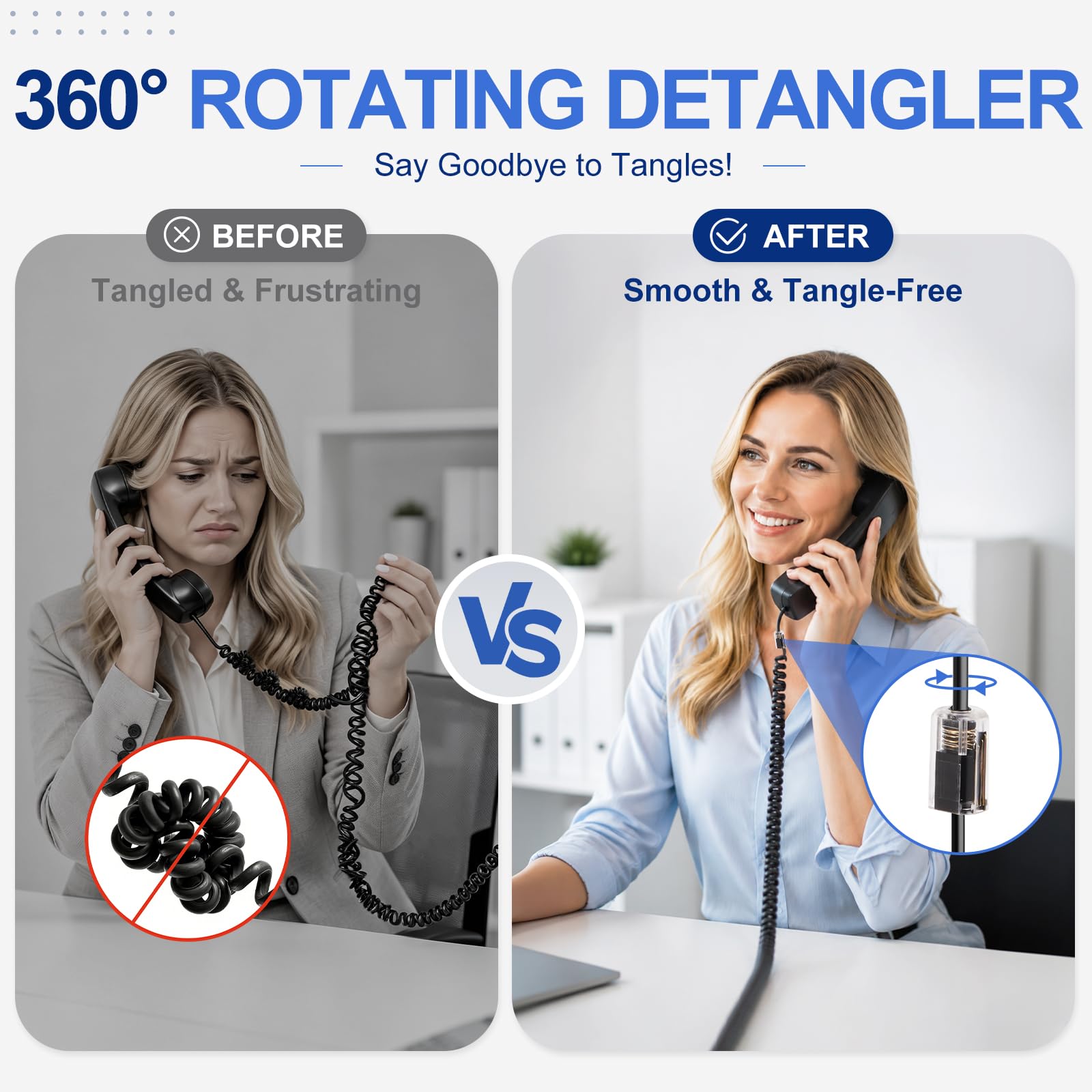 Uvital Desenredadores de Cable de teléfono para teléfono, 2 Cables fijos 3M desenrollados (0,6 m en Espiral) y 2 Cables giratorios giratorios de 360 Grados (Negro)