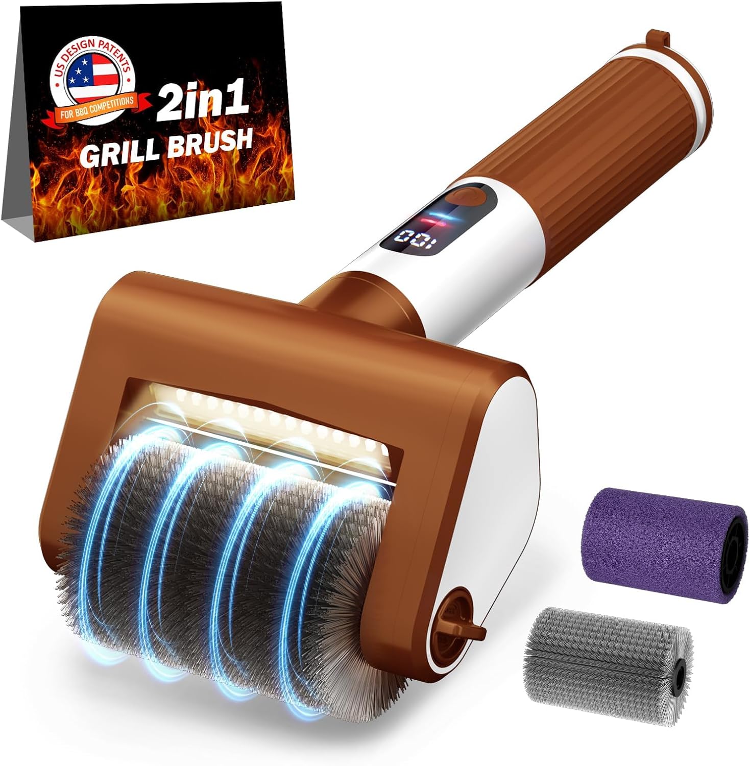 Electric Grill Brush, 2-Speed BBQ Grill Brush with LED Light/Screen Powerful Cleaning 800RPM/4000mAh/2 Brush Heads No Bristle Shedding Rechargeable Lightweight Grill Cleaner for Outdoor/Camping