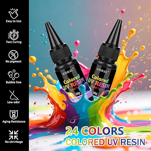 Miniatura 2 de KISREL Resina UV, kit de resina UV de 24 colores opacos, resinas UV de color sólido, resina transparente ultravioleta rígida para manualidades,