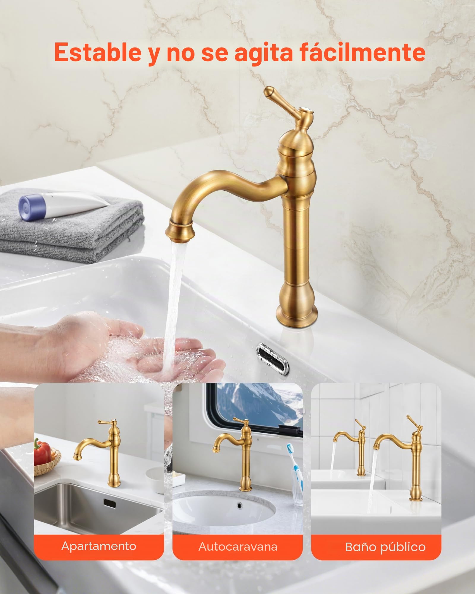 VEVOR Grifo Monomando para Lavabo con Botón Pulsador, Grifo para Fregadero de Cocina, Mezclador Monomando para Baño, Fregadero de Caravana, Carcasa de Latón, Dorado Antiguo, 395 x 220 x 62 mm