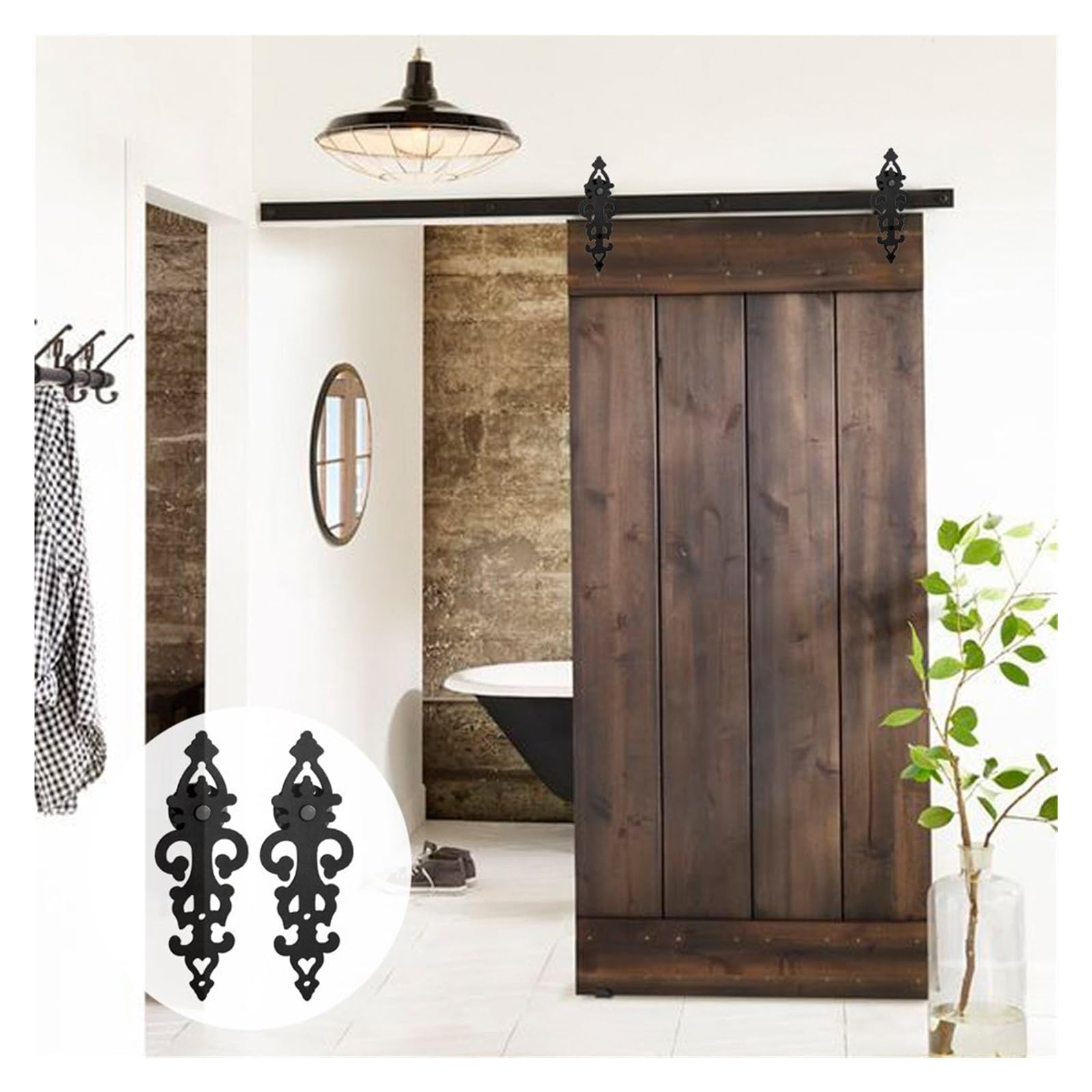 Kit de puerta de granero, 6,6 pies/7 pies/9 pies puerta corrediza de Granero de alta resistencia Kit de herrajes for puertas corredizas de madera modernas, rodillo de acero negro for una sola puerta(4