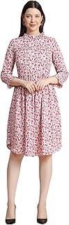 KERI PERRY Women's Crepe Cotton Western Dress One Piece Pink & White A-line Knee Length Kurti
