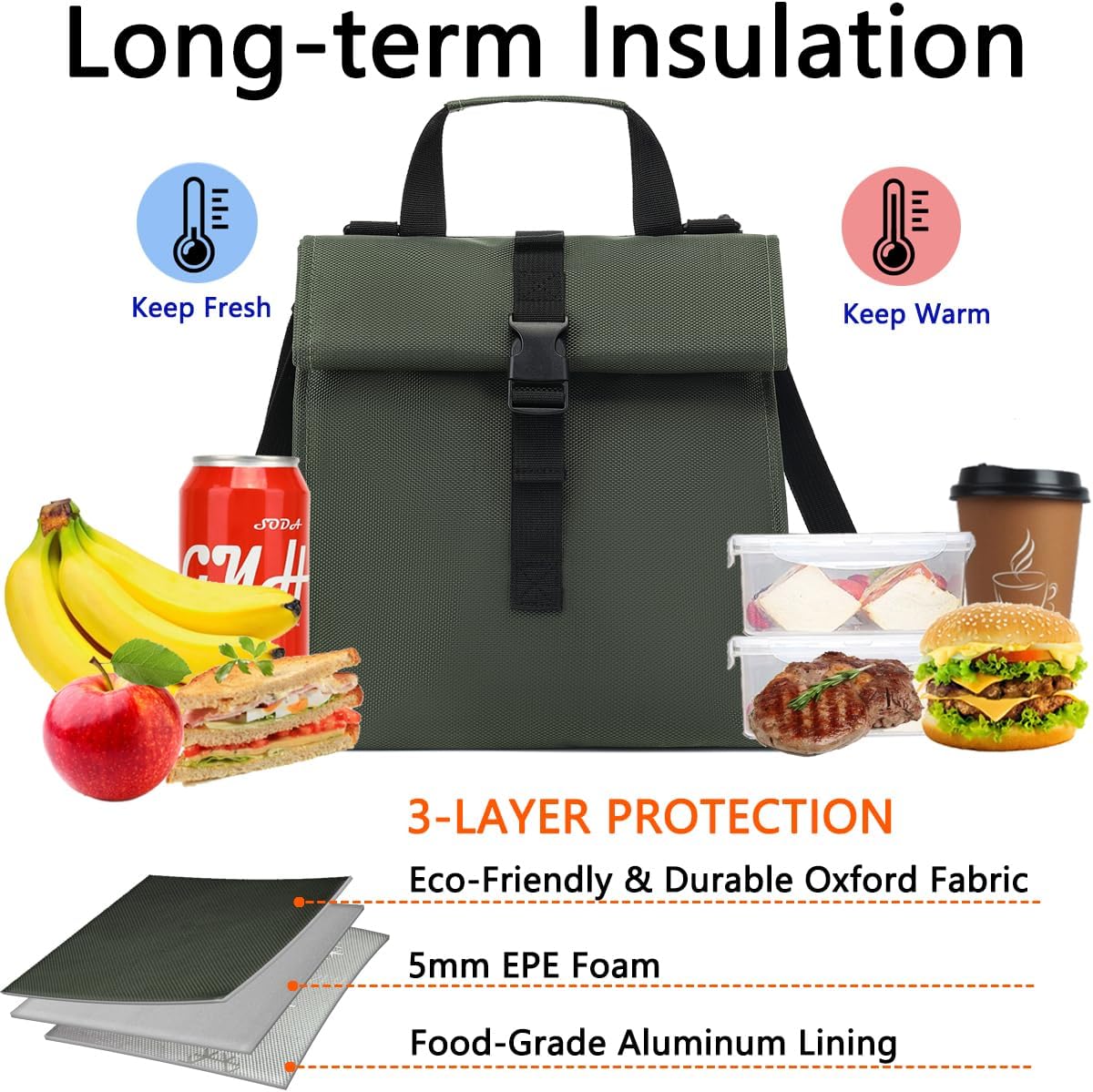Insulated Lunch Bag for Men/Women/Kids, Roll top Reusable Lunch Box with Adjustable Shoulder Strap, Thermal Lunch Cooler Tote Container for Adults/Teens School Work Office Picnic,Army Green - Image 2