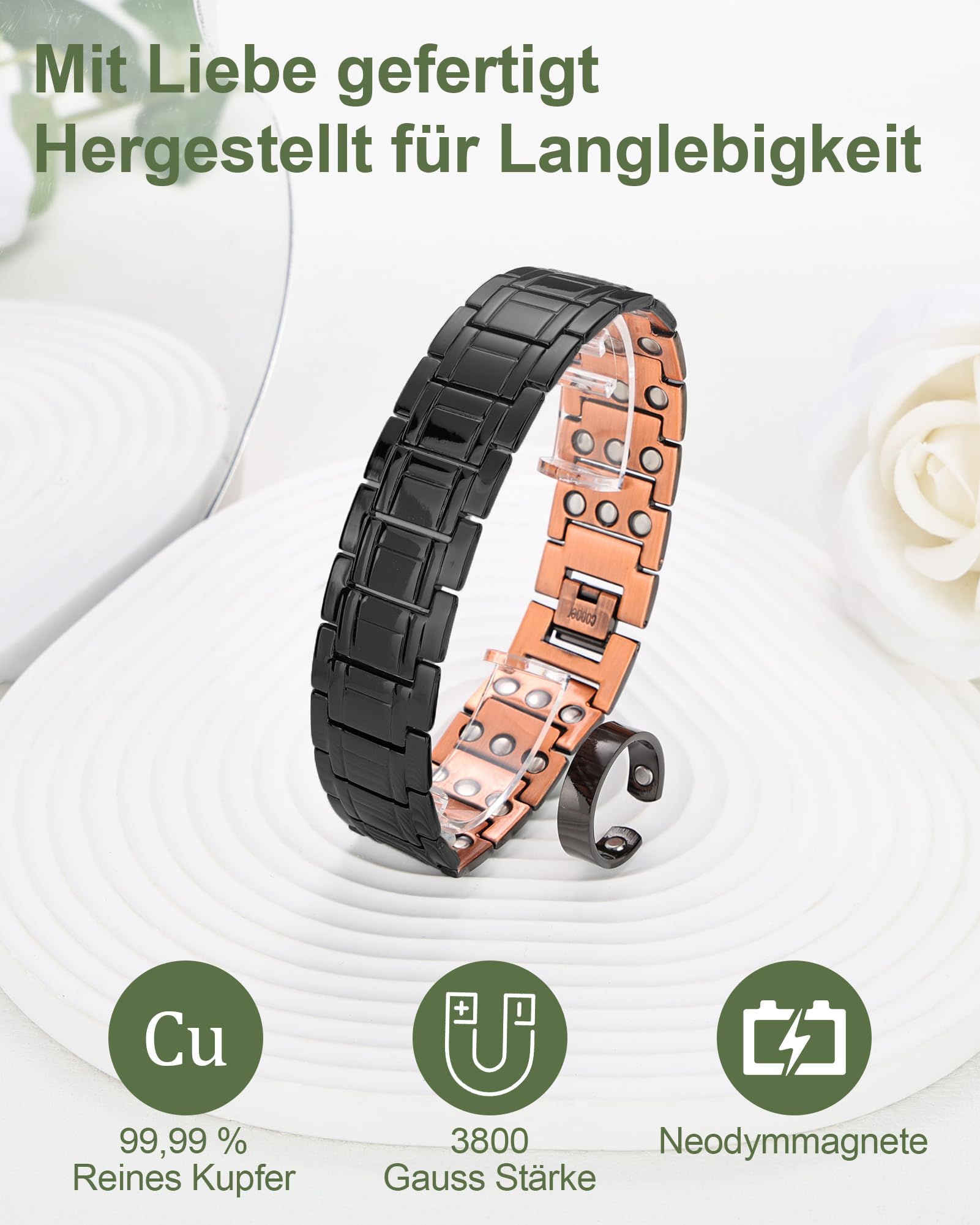 MagEnergy kupferarmband herren – Drei Ultra-Starke Magnete, Männliches Design Reines Kupfer-Magnetarmband, Einstellbare Länge mit Größenanpassungswerkzeug (schwarzer Anzug)