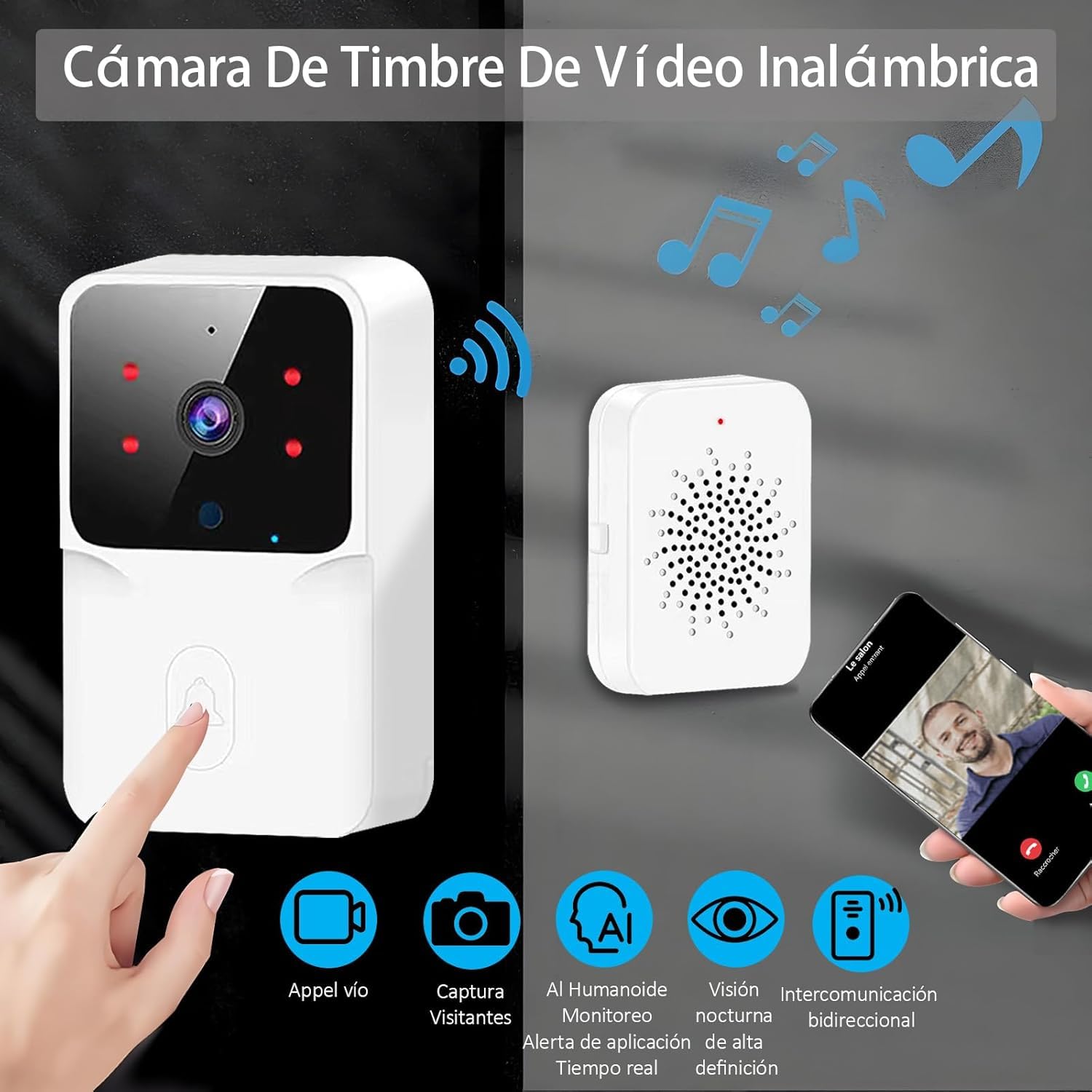 Timbre Videoportero Inalámbrico,Cámara HD1080P Visión Nocturna,Impermeable IP66,Intercomunicación Bidireccional WiFi,Instalación Sin Taladrar Inalámbrica,Control por App para Hogar/Piso/Garaje