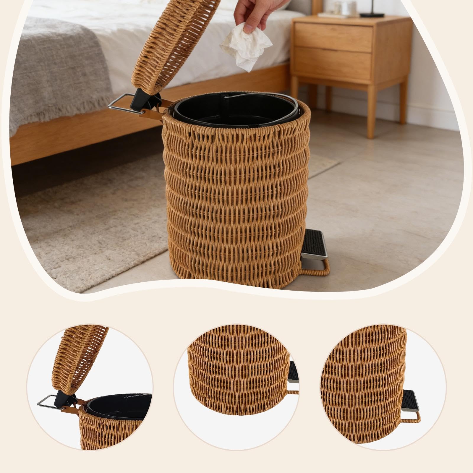 Papelera con Efecto Ratán, con Pedal Y Tapa: Una Papelera Creativa Y Versátil para El Hogar, Ideal para Baños Y Zonas de Entrada, 25cmx35cm