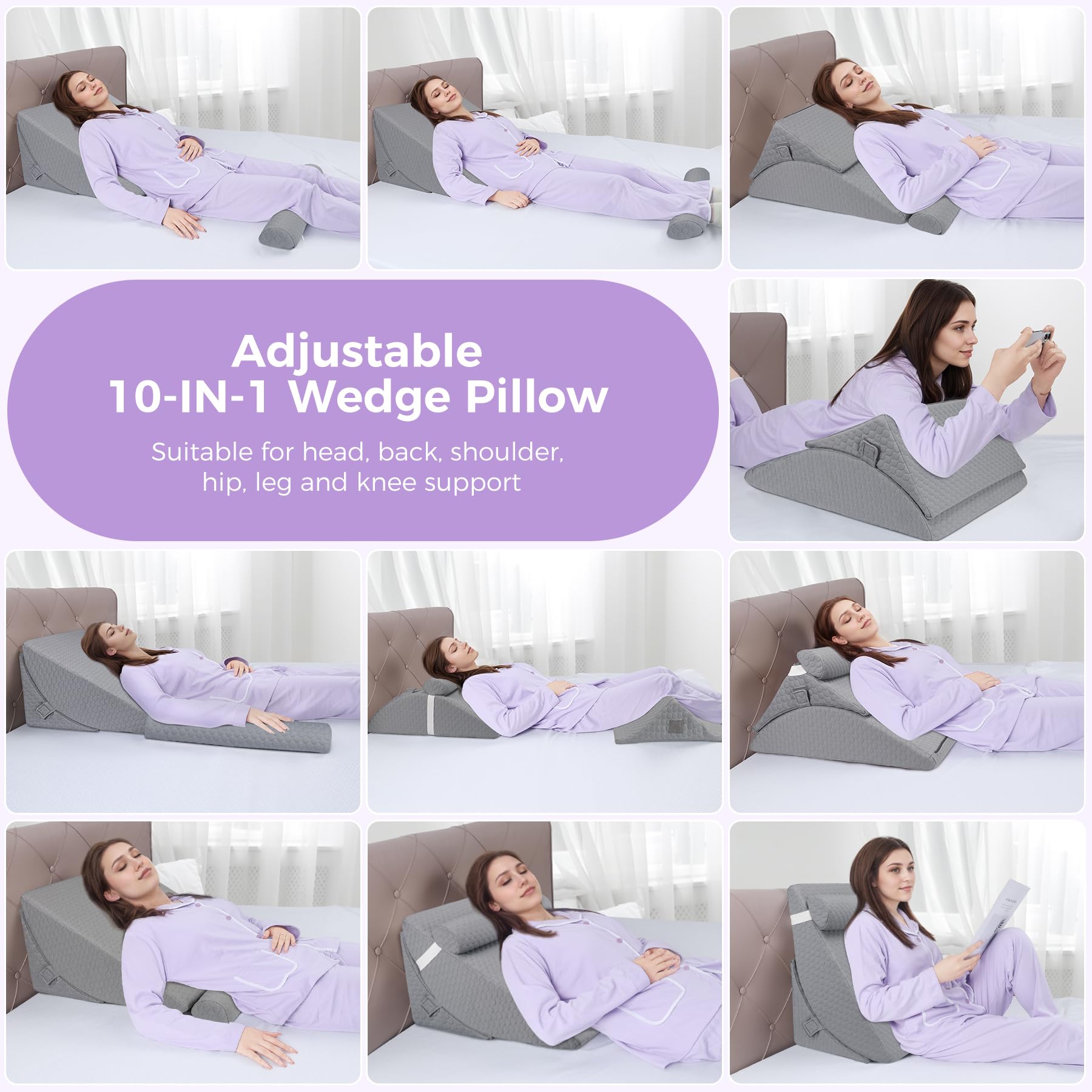 Cuscino a cuneo 3 in 1, cuscino a triangolo rialzato con poggiatesta, cuscino inclinato regolabile da 33 cm, per alleviare il reflusso acido, post chirurgia, supporto per la schiena, russare e dormire