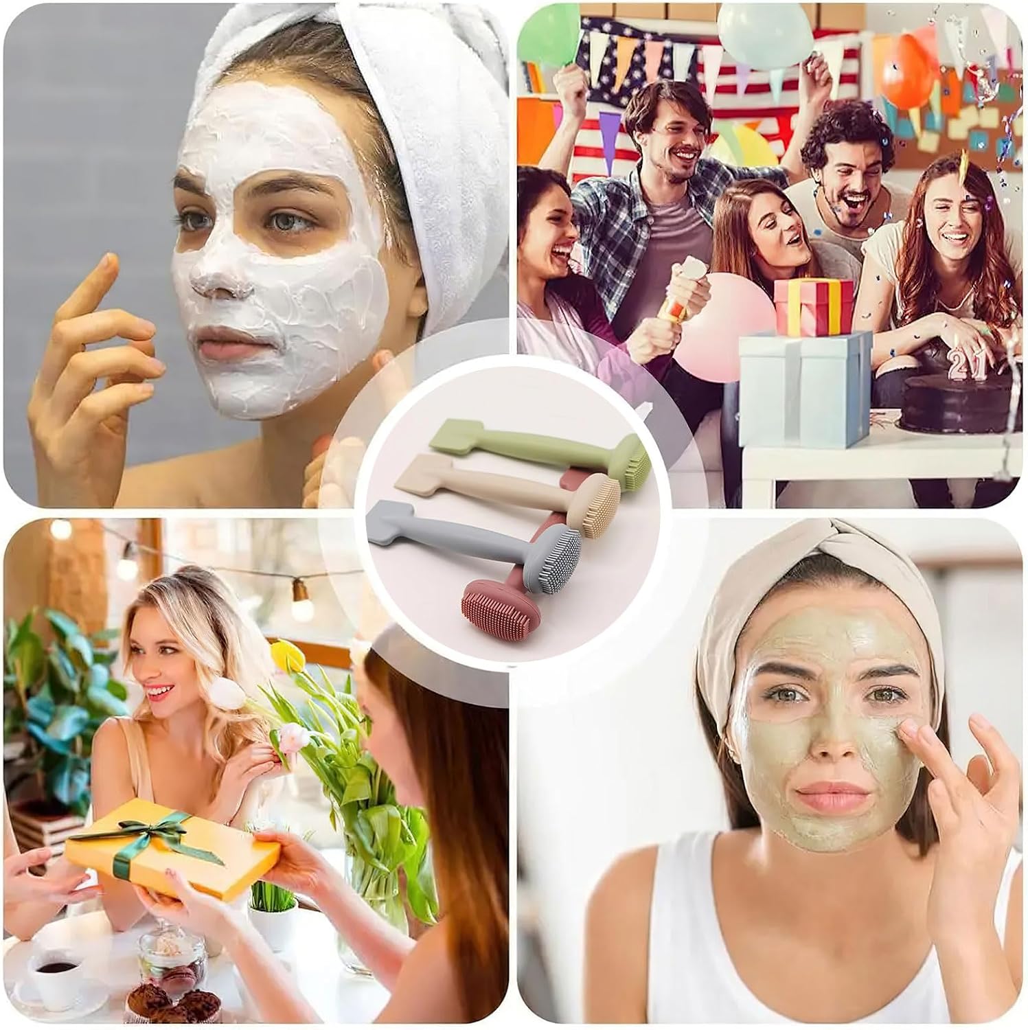 4 PCS Double-Headed Face Mask Brush, Reusable Silicone Face Scrubber Applicator for Deep Cleansing and Mud Masks, Soft Bristles for Gentle Skin Care Portable and Easy to Clean