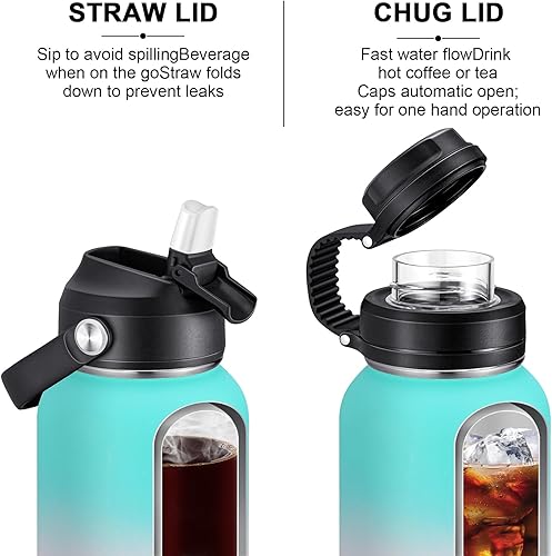 Miniatura 3 de Lumesner Botella de agua de acero inoxidable aislada al vacío, 40.6 fl oz32.1 fl oz22.0 fl oz, 2 tapas (tapa de popote y tapa de boquilla), botella