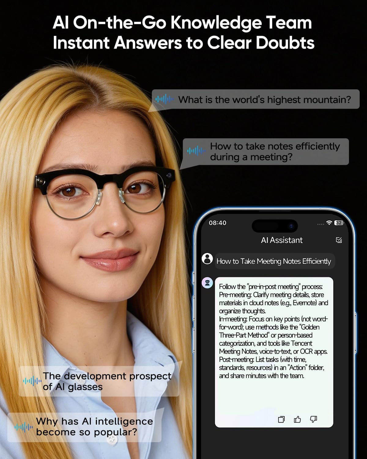 AI Smart Camera Glasses, 8MP 1080P HD Video Recording, Stylish Half-Frame Oval Design, Open-Ear Bluetooth Audio, AI Assistant & Translation, Blue