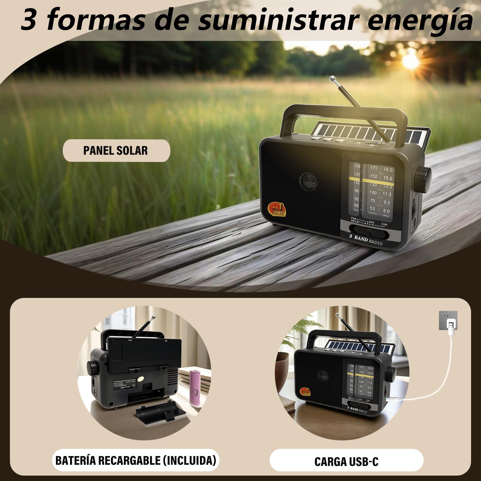 Transistor Radio Portatil con Panel Solar y Batería de 1200 mAh, Receptor Am/FM/SW con Altavoz de 8W/TWS/USB/Tarjeta TF, Radio Solar Pequeña Ideal para Camping, Emergencia y Exteriores (Gris)