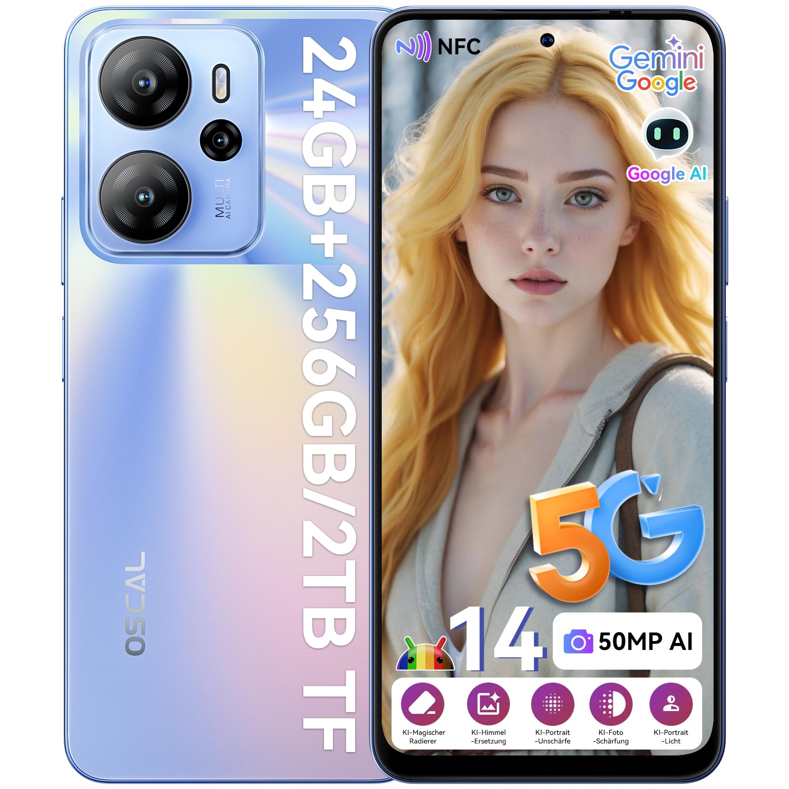 OSCAL Tiger 13 5G Handy ohne Vertrag Gemini AI 24GB+256GB/2TB, Android 14 Smartphone ohne Vertrag 90Hz 6.67" HD+, 50MP AI Kamera, 4K Video, 18W Schnellladung/5000mAh, Face ID/Fingerprint/OTG/NFC