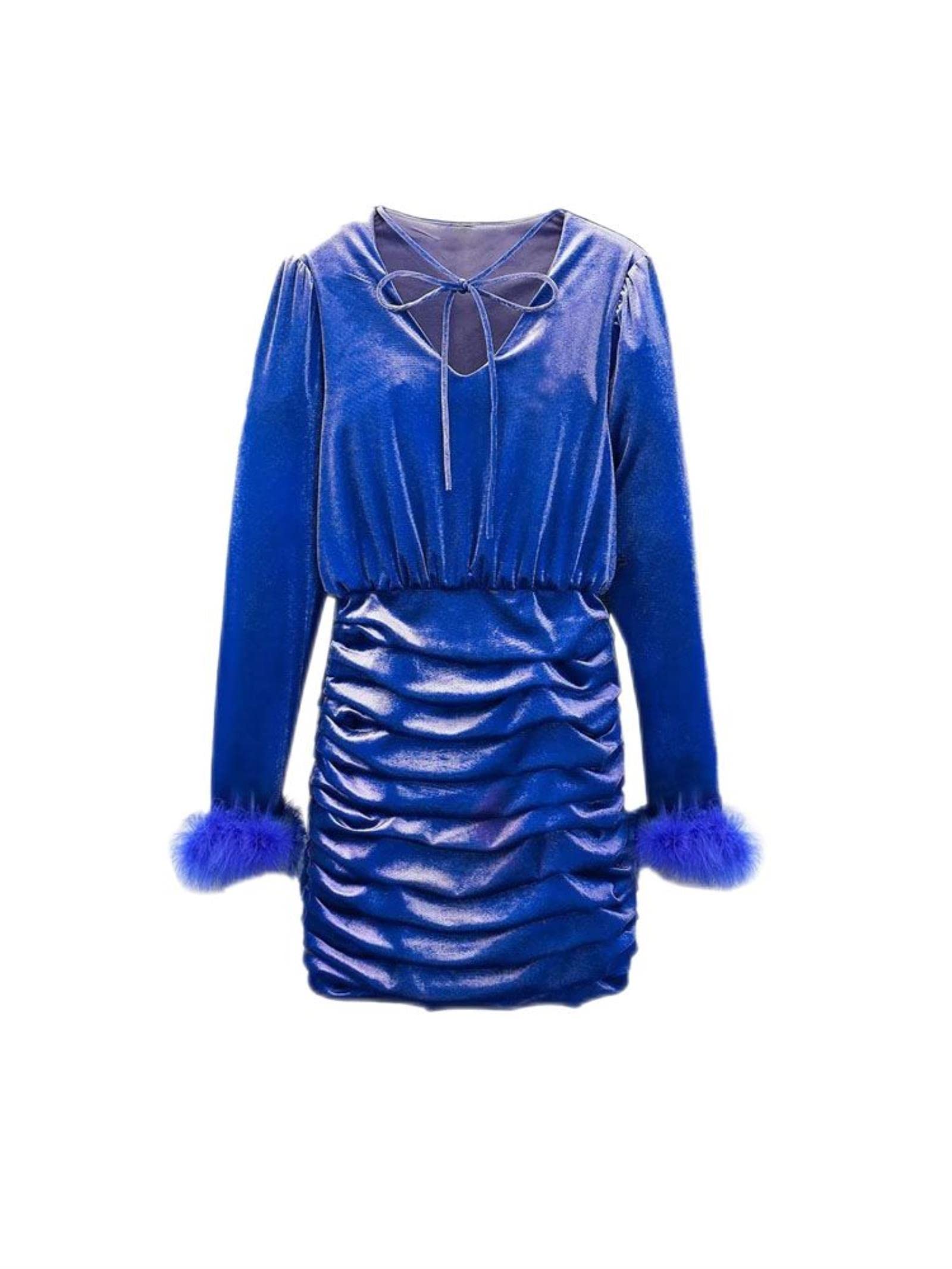 Moda delle donne con mini abito pieghettato Vintage legato V collo manica lunga abiti femminili