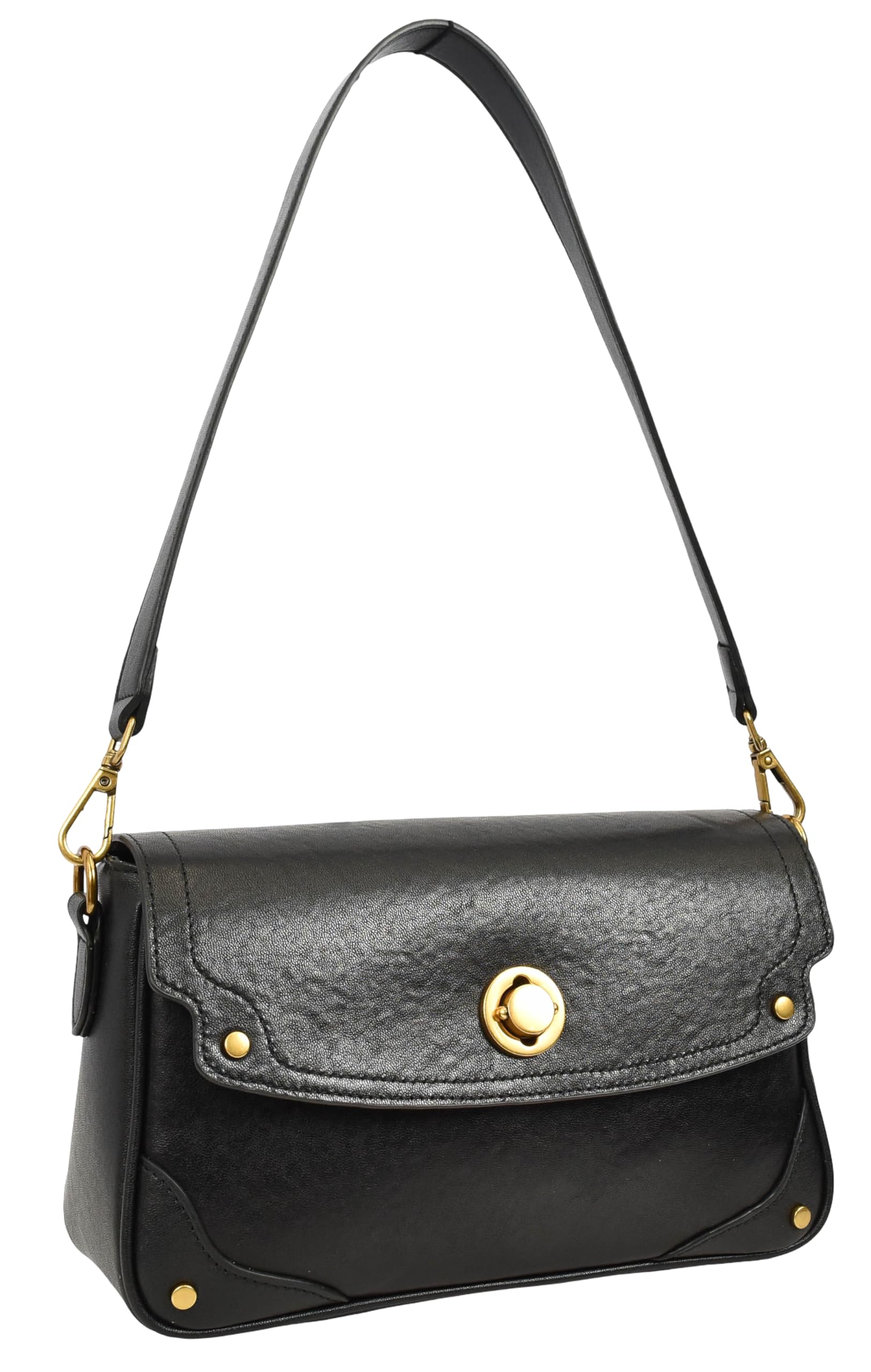 Bolso cruzado de cuero con solapa para mujer, bolso de hombro con cierre giratorio con herrajes dorados, tachuelas en las esquinas, bolsillo trasero con cremallera y forro beige |