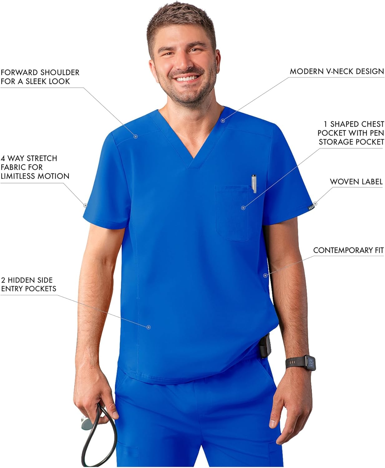 Adar Addition Scrubs for Men - Modern Multi Pocket V-Neck Scrub Top - Image 3
