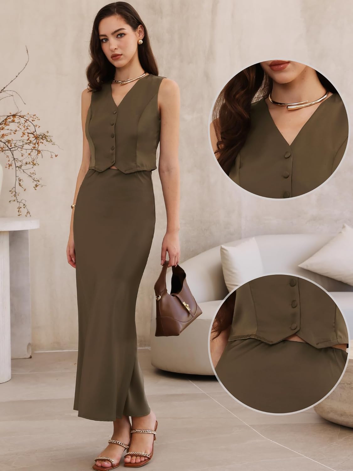 Allegra K Satin Two Piece Skirt Set for Women Button V Neck Vest Tops Long Maxi Skirts Dressy Casual Elegant Summer Outfits - Image 2